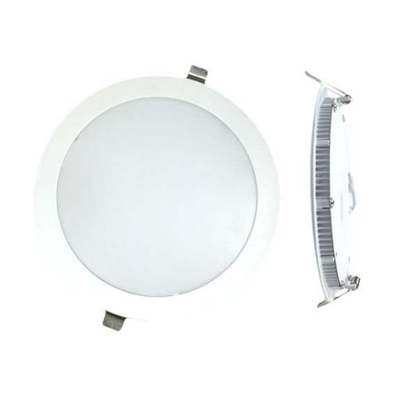 Luz LED redonda y blanca para empotrar, mostrada de frente y perfil.