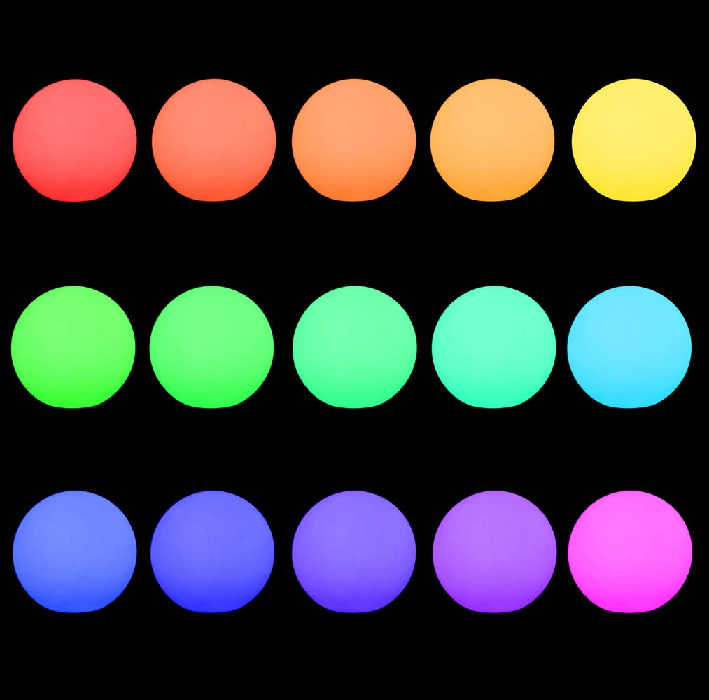 Fünfzehn runde Kugellampen in einer Matrix angeordnet, die in verschiedenen leuchtenden Regenbogenfarben auf schwarzem Hintergrund leuchten.