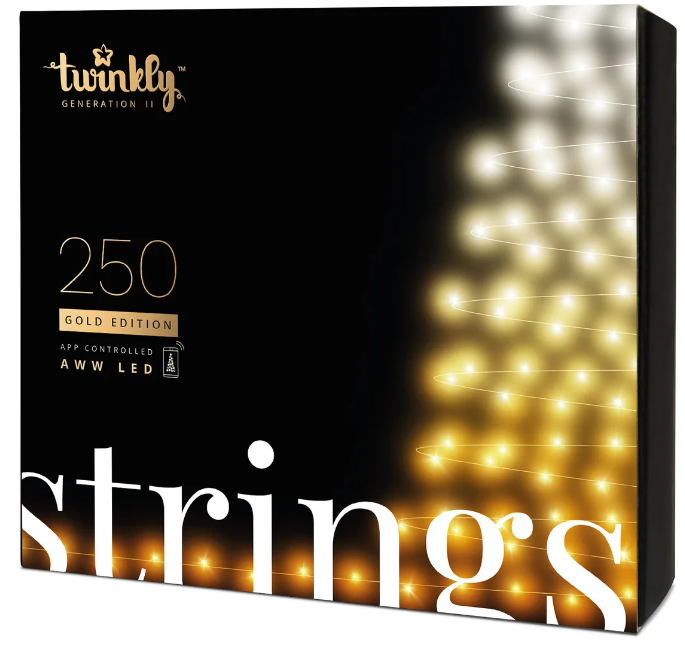 Czarne pudełko produktu Twinkly Strings Gold Edition z żarzącymi się światłami LED.