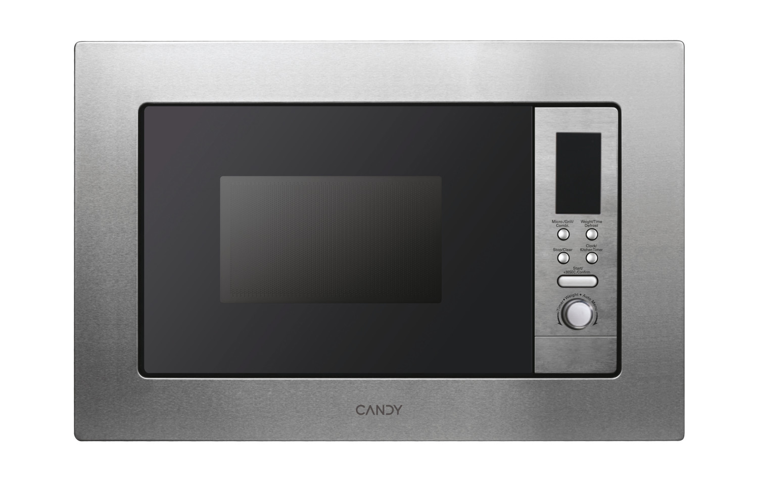 Forno a microonde da incasso Candy in acciaio inossidabile con porta in vetro nero e pannello digitale.
