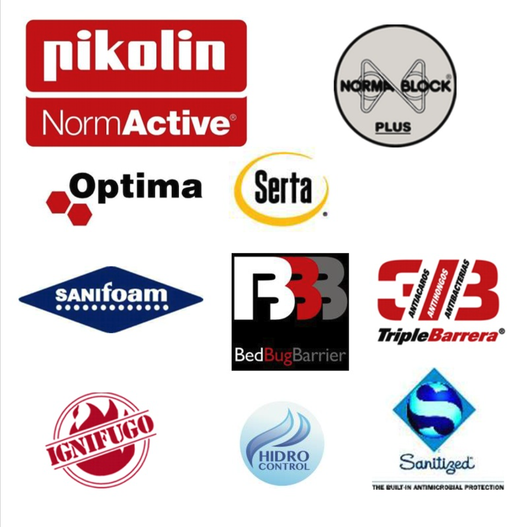 Un collage con varios logotipos de marcas de colchones y tecnologías como Pikolin, Serta y Sanitized.