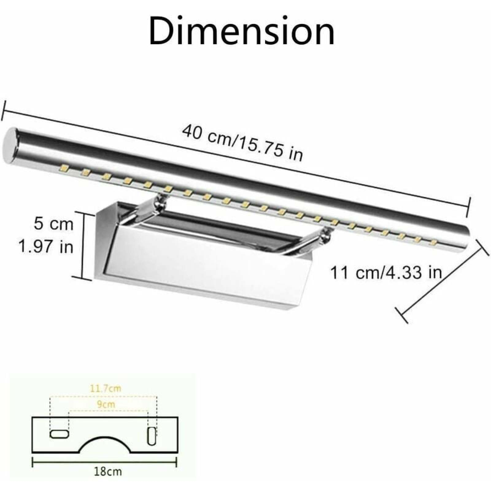 Diagramm zeigt die Abmessungen einer verchromten LED-Wandleuchte mit 40 cm Länge und verschiedenen Maßangaben.