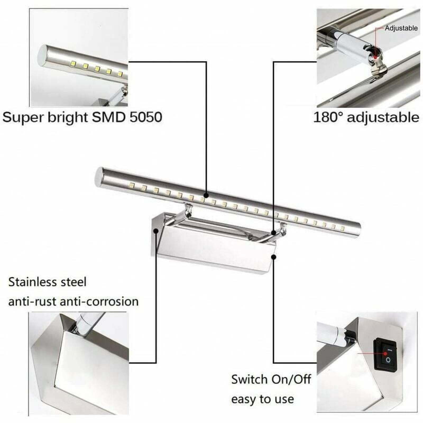 Diagramm einer Edelstahl-LED-Leuchte mit Insets für 180°-Einstellung, SMD 5050, rostfreiem Stahl und Schalter.