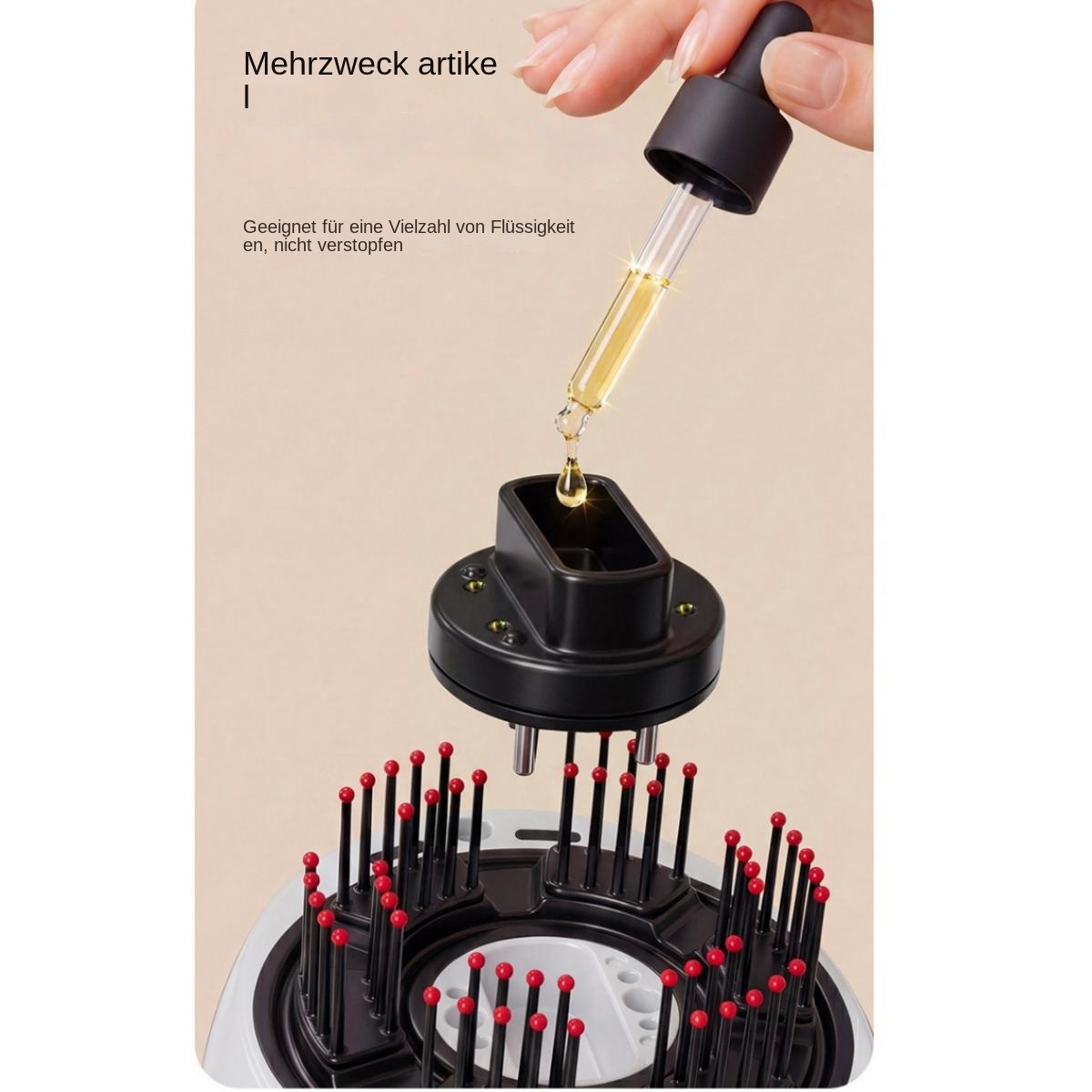 Eine Pipette tropft Flüssigkeit in das Reservoir eines rotenden Massagegeräts mit roten Noppen.