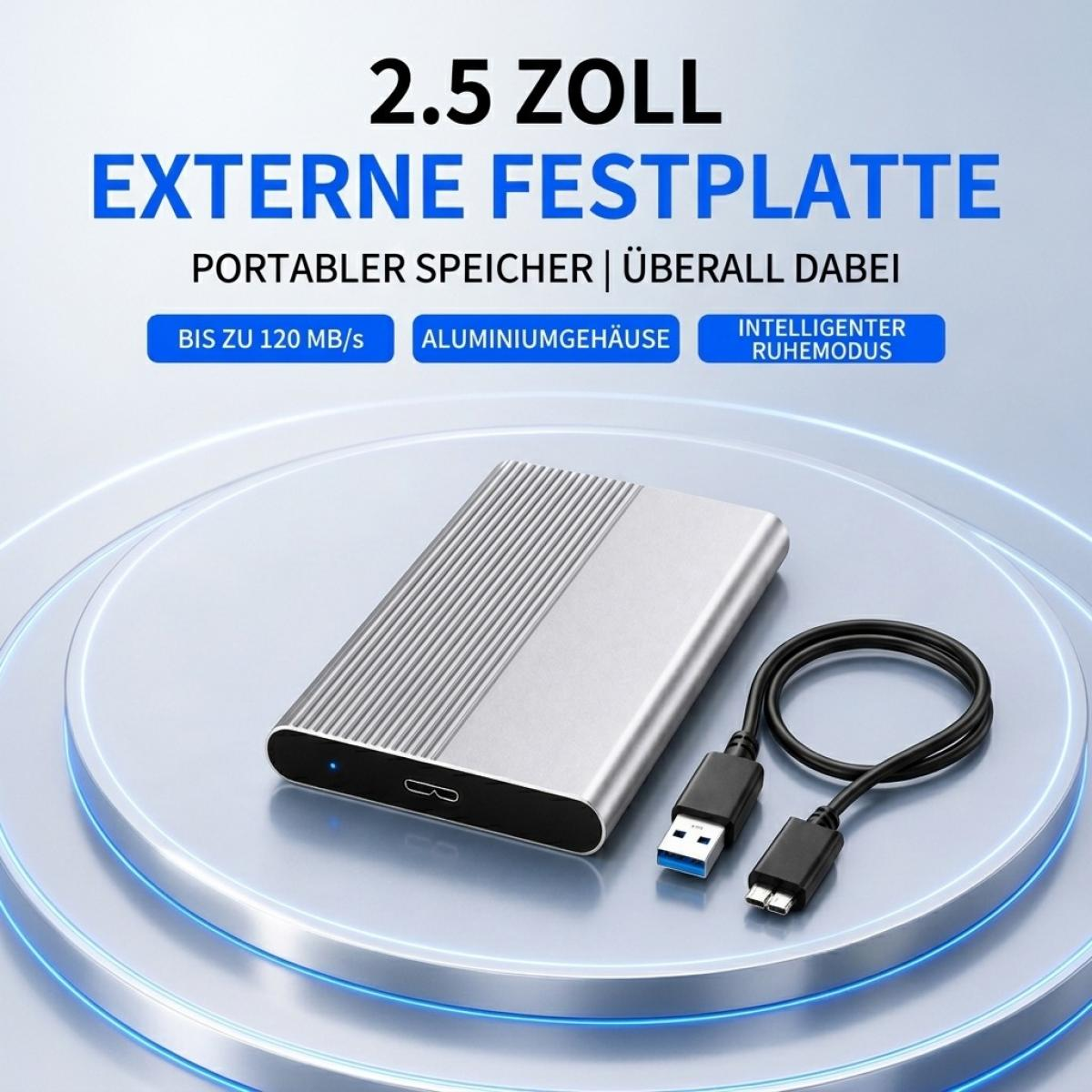 Eine silberne 2.5-Zoll-externe Festplatte mit schwarzem USB-Kabel auf blauem Hintergrund und deutscher Produktwerbung.