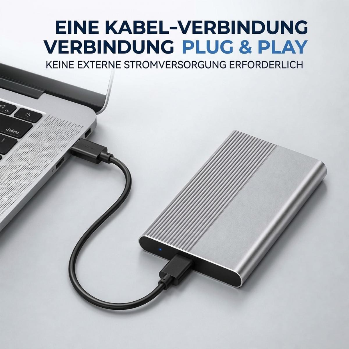 Eine graue externe Festplatte ist per Kabel an ein silbernes Laptop angeschlossen.