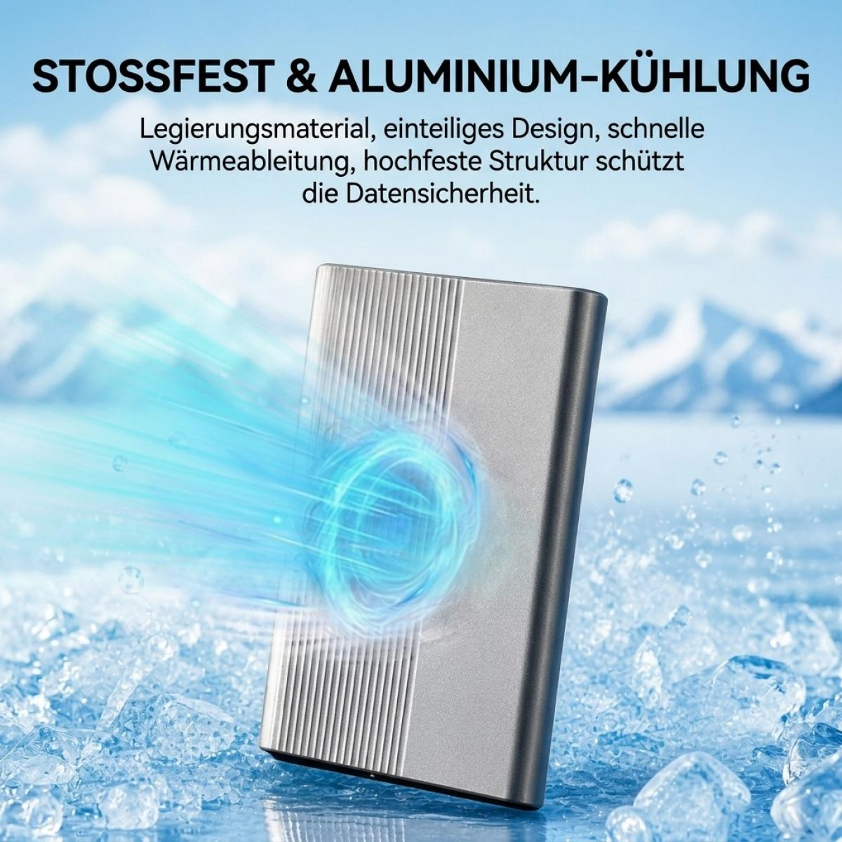 Stosserfester silberner SSD-Enclosure mit blauer Kühlung und Eishintergrund.