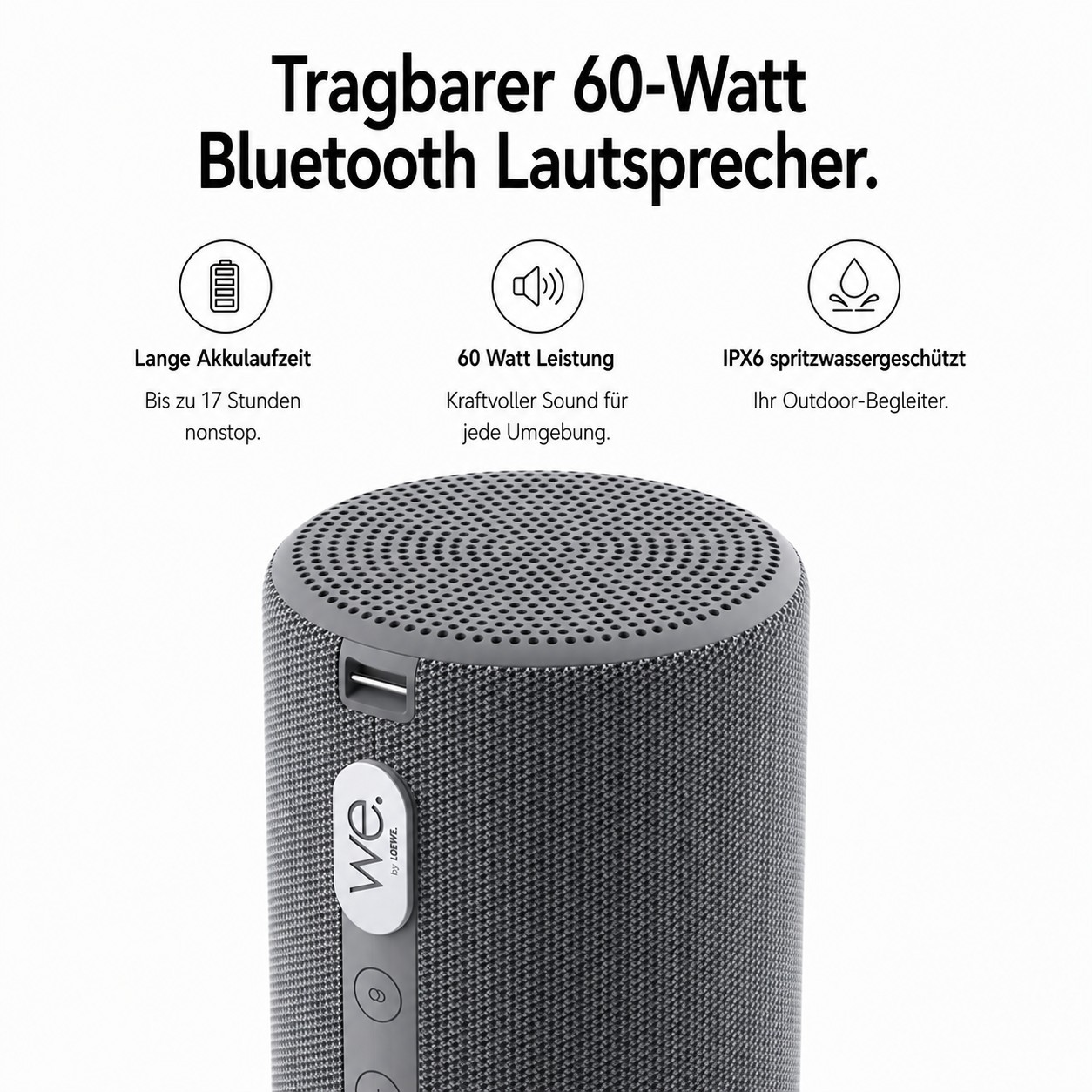 Grauer, zylindrischer Bluetooth-Lautsprecher mit Icons für Akku, Leistung und Wasserschutz.
