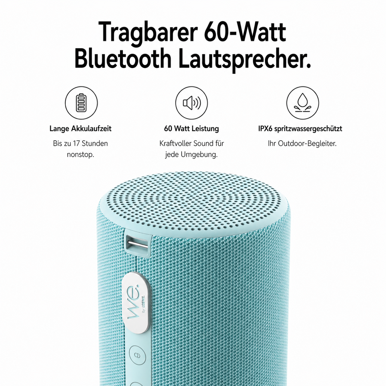 Türkisfarbener Bluetooth-Lautsprecher mit Infografik zu Akku, Leistung und Wasserschutz oben.