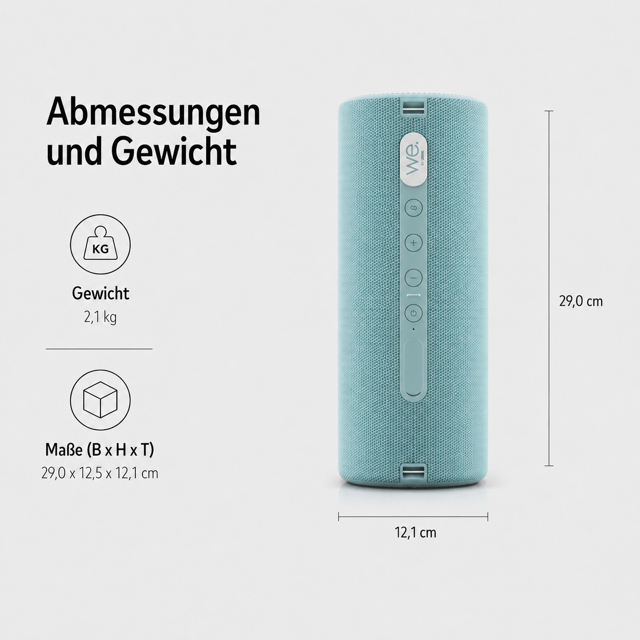 Technische Zeichnung mit Maßen 29,0 x 12,5 x 12,1 cm und Gewicht 2,1 kg für einen mintgrünen Bluetooth-Lautsprecher.