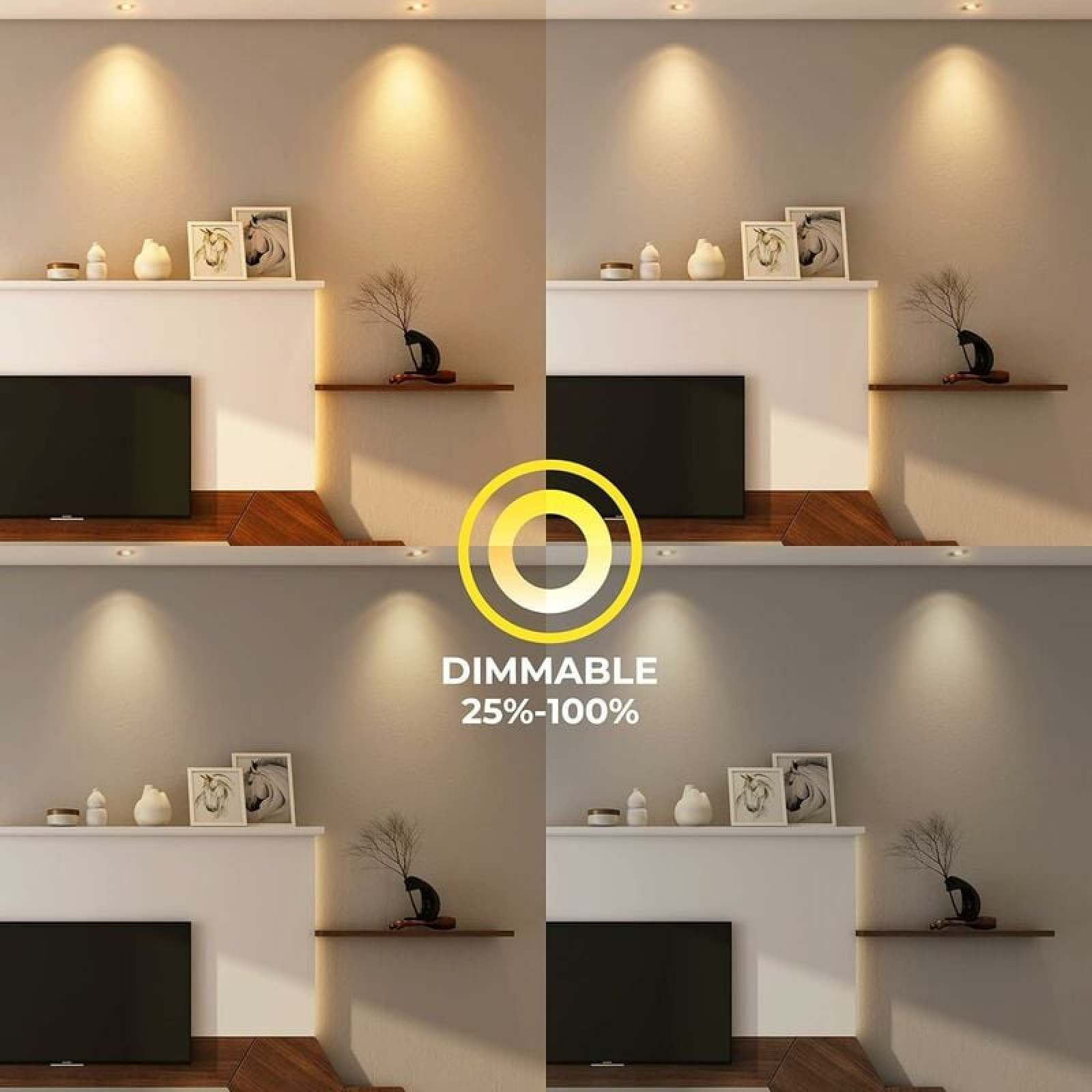 Vier Felder zeigen dimmbares Licht von 25% bis 100% an einer modernen Wand mit Regalen und Dekor.