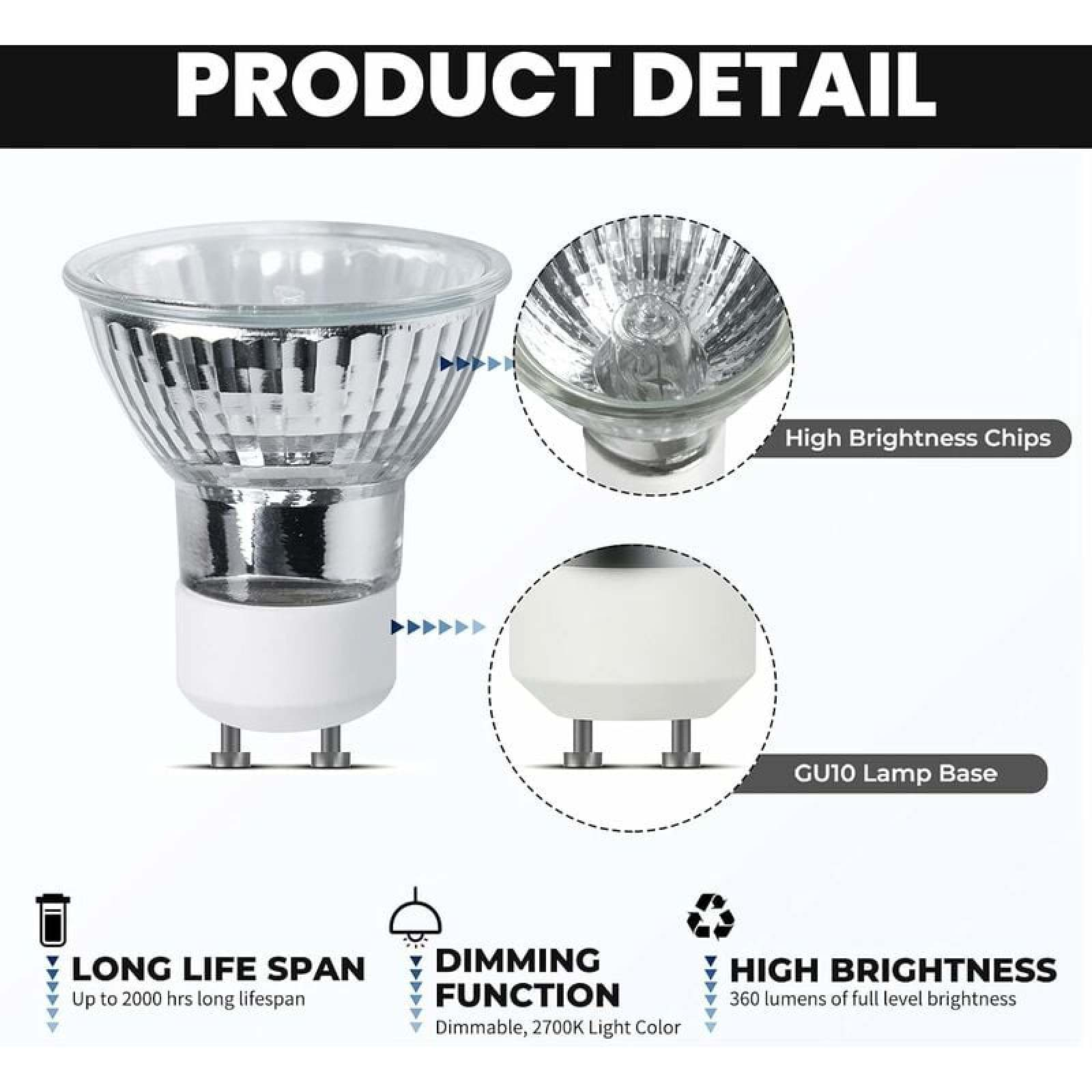 Produktdetaildiagramm einer GU10 LED-Lampe mit hellen Chips und Lampensockel.