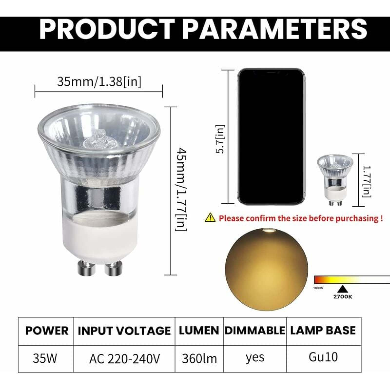 Produktparameter einer GU10-LED-Lampe mit technischen Daten und Abmessungen.