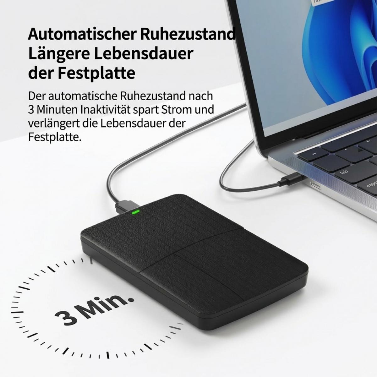 Schwarze externe Festplatte verbunden mit Laptop vor weißem Hintergrund mit Text über den automatischen Ruhemodus.