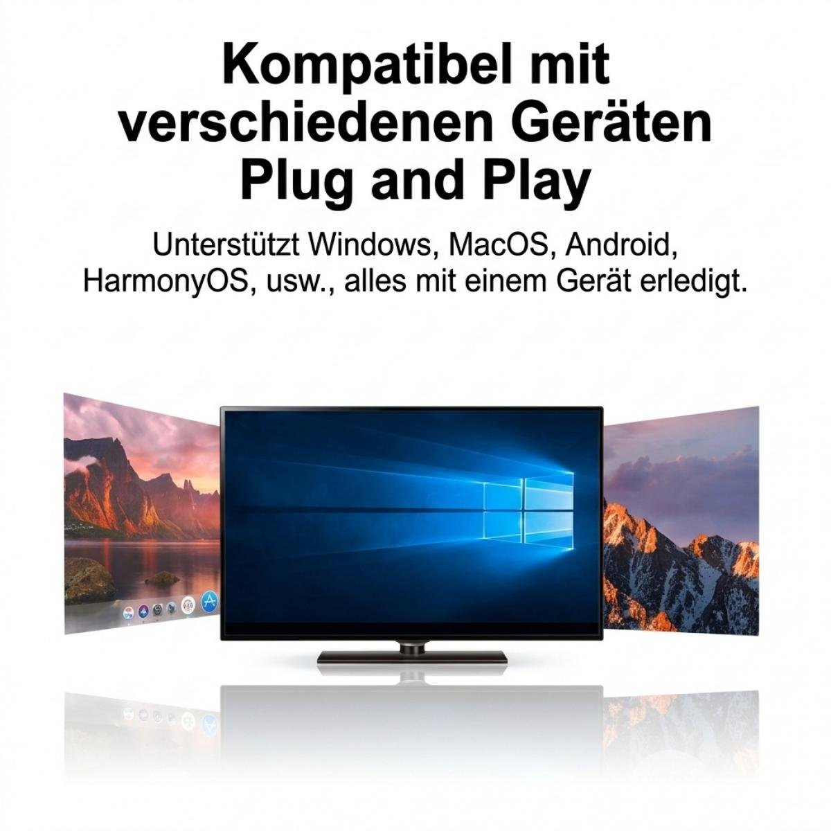Ein Fernseher mit Windows-Bildschirm und seitlichen Landschaftsbildern, darüber deutscher Text.