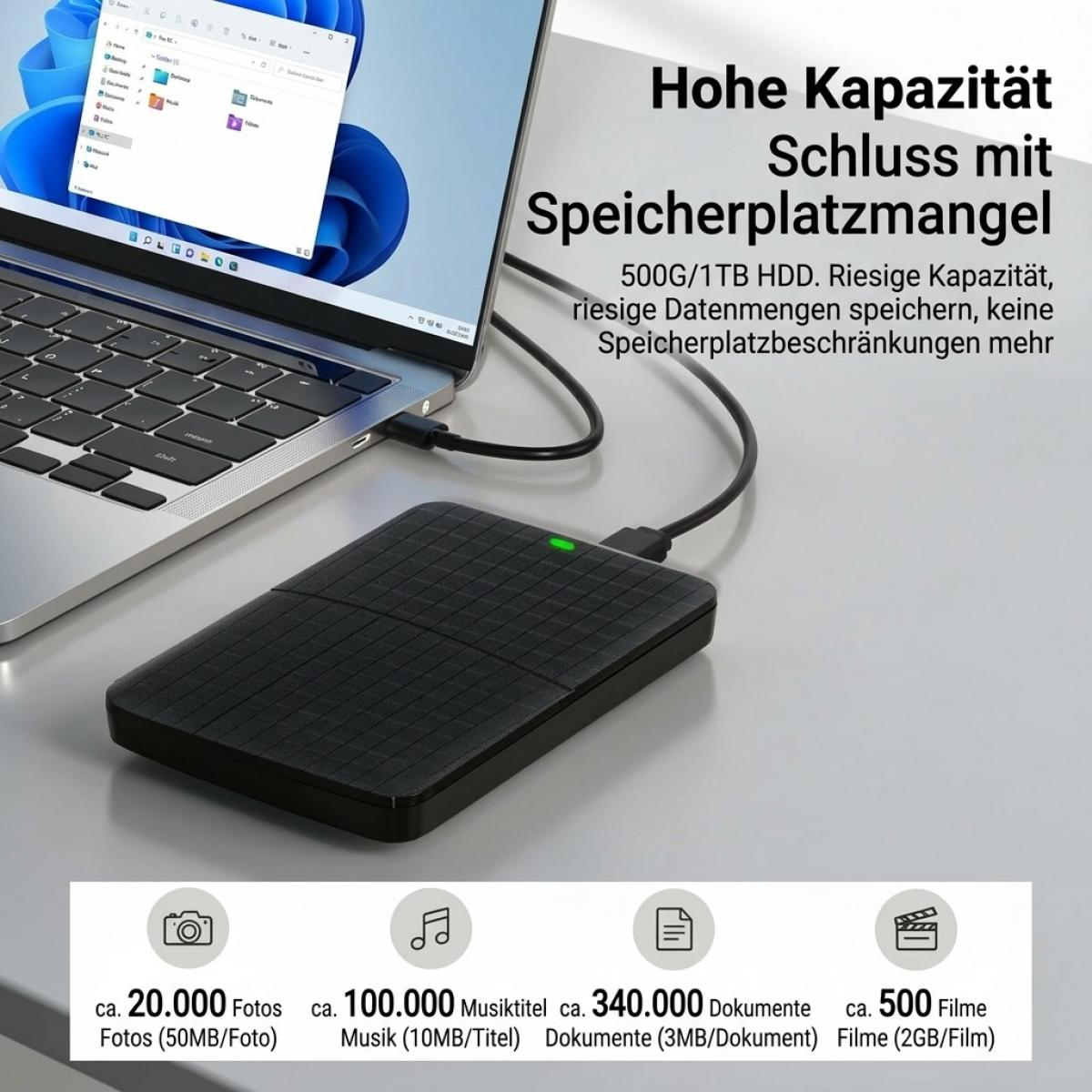 Externe Festplatte verbunden mit Laptop, mit Text und Symbolen für die Speicherkapazität unten.