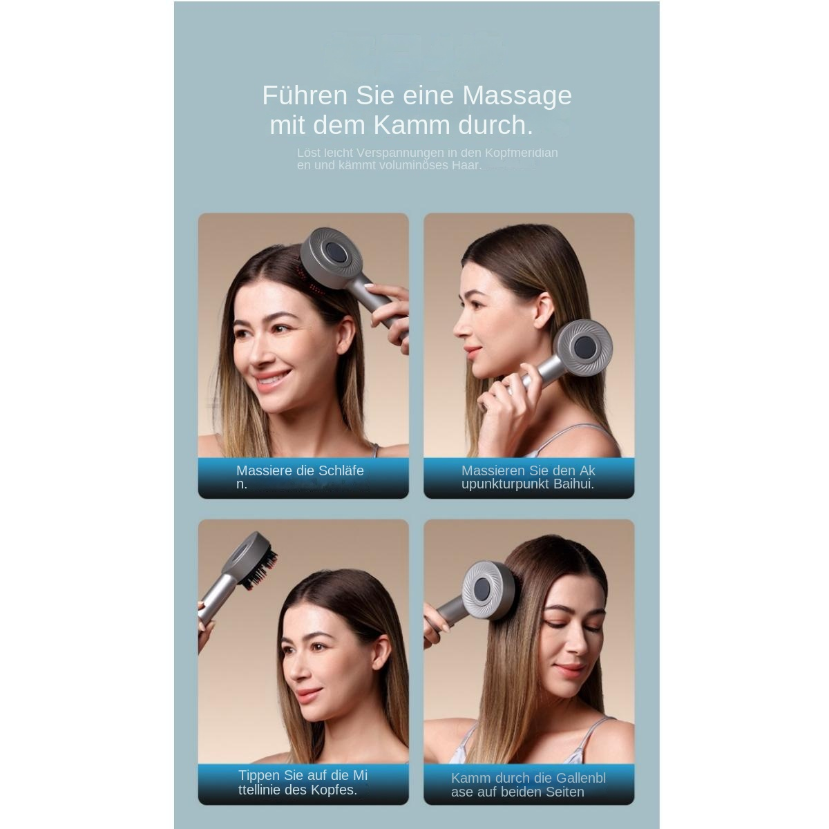 Vier Bilder einer Frau, die eine graue Haarbürste zur Kopfmassage und zum Kämmen verwendet.