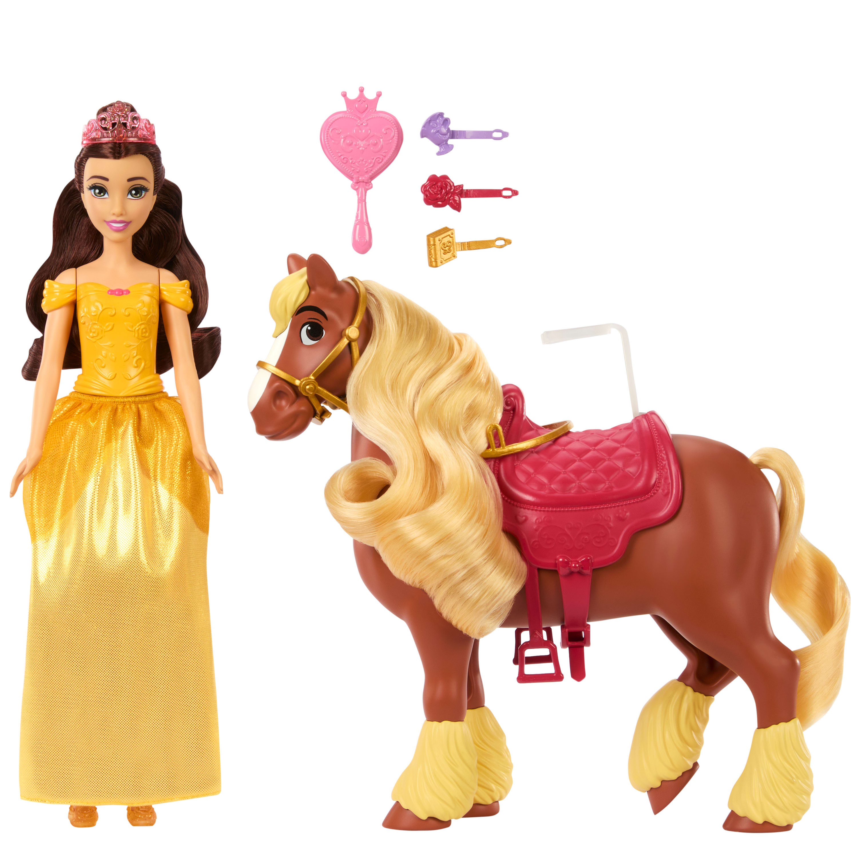 Muñeca Bella en vestido amarillo con caballo de juguete marrón, silla de montar y pequeños accesorios.