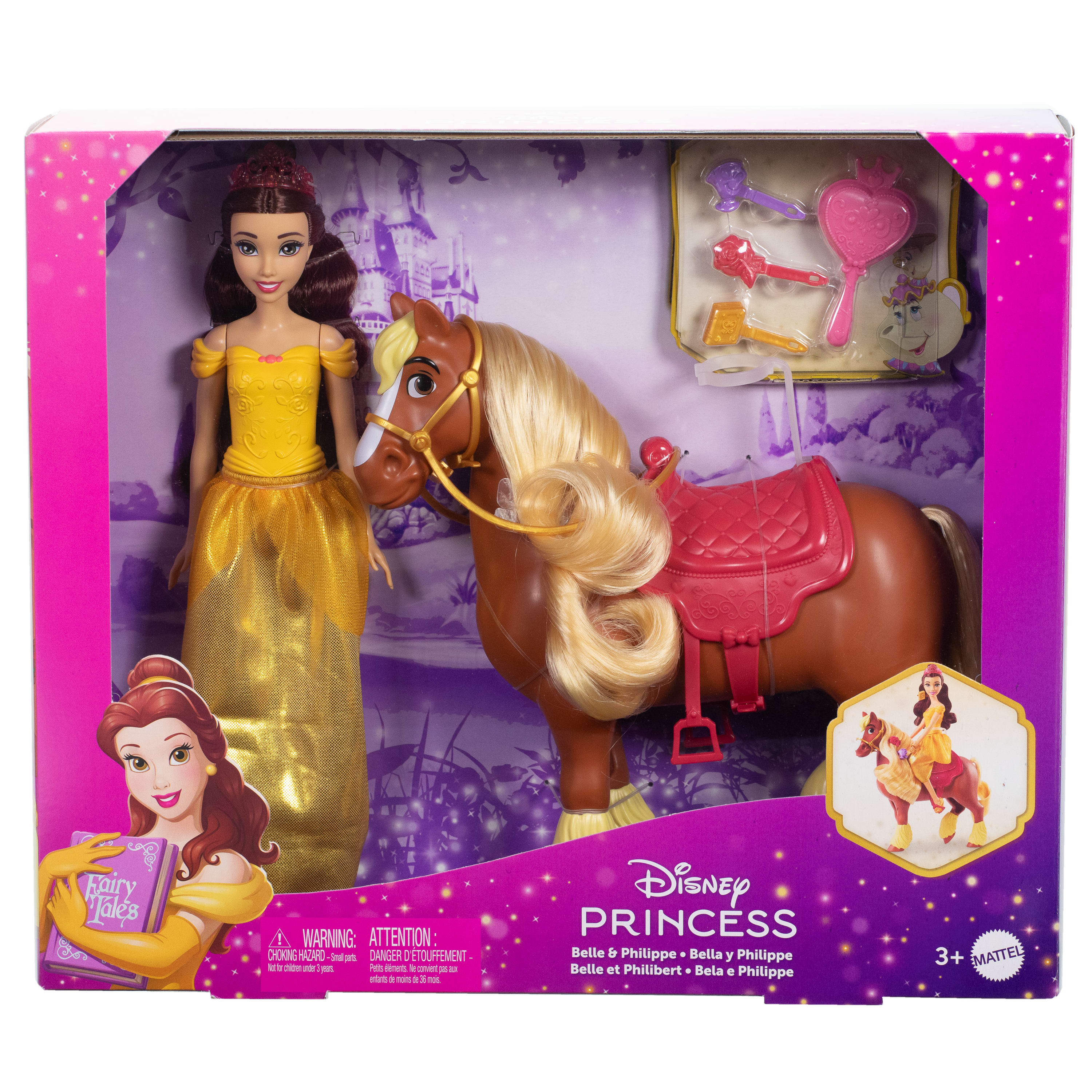 Muneca Princesa Disney Belle con un caballo y accesorios en una caja rosa.