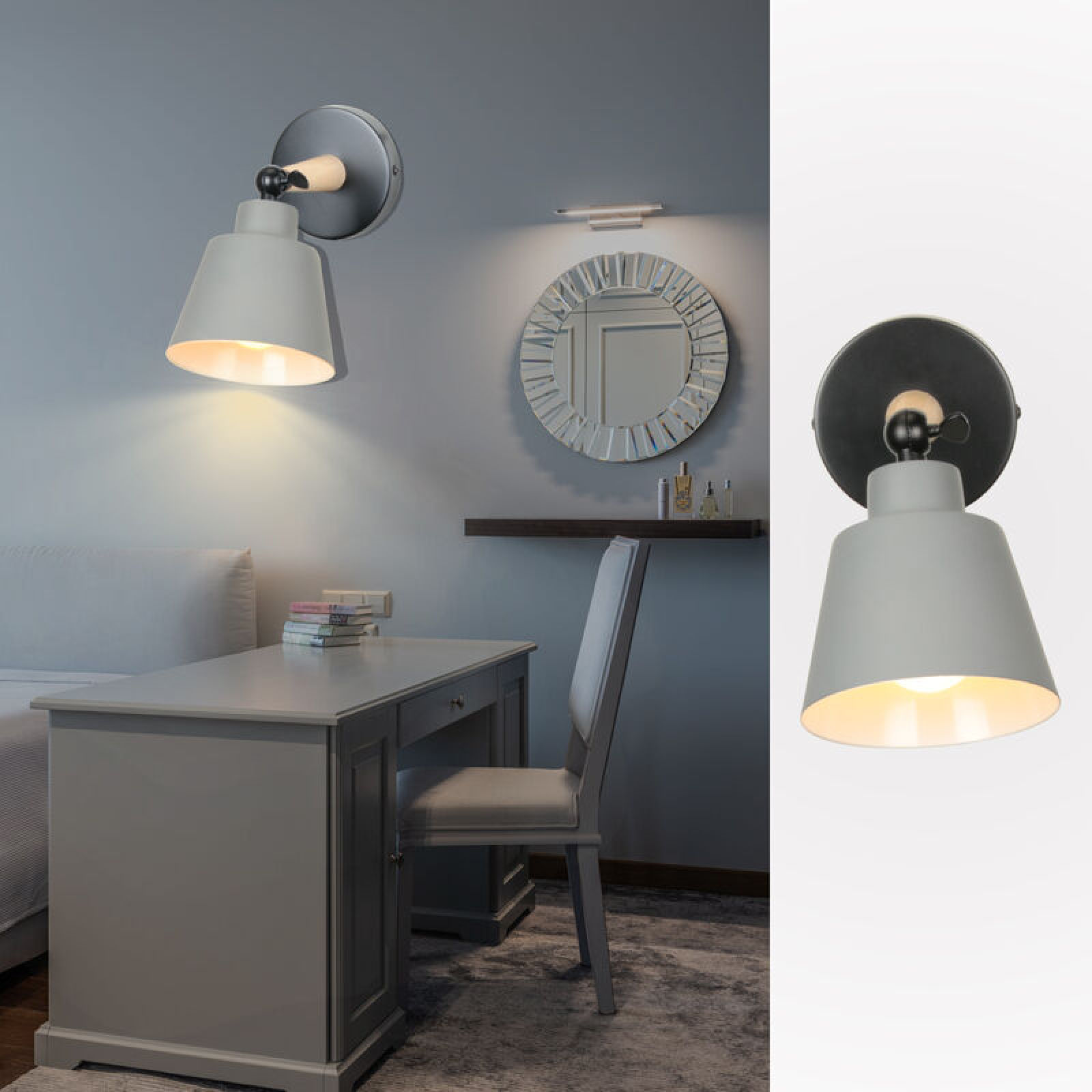 Eine moderne graue Wandleuchte über einem Schreibtisch in einem ruhigen Zimmer.