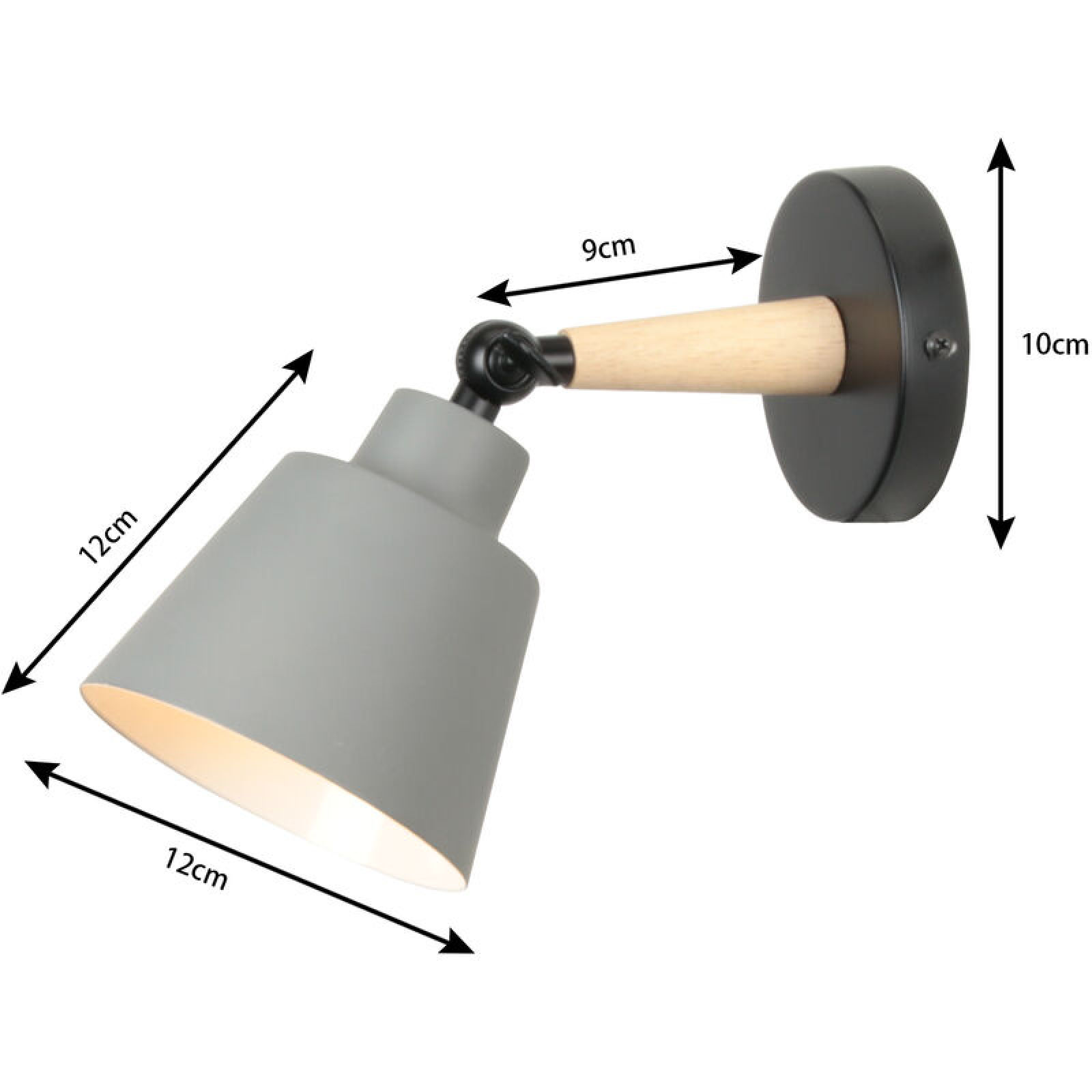 Eine graue und hölzerne Wandlampe mit Maßangaben.