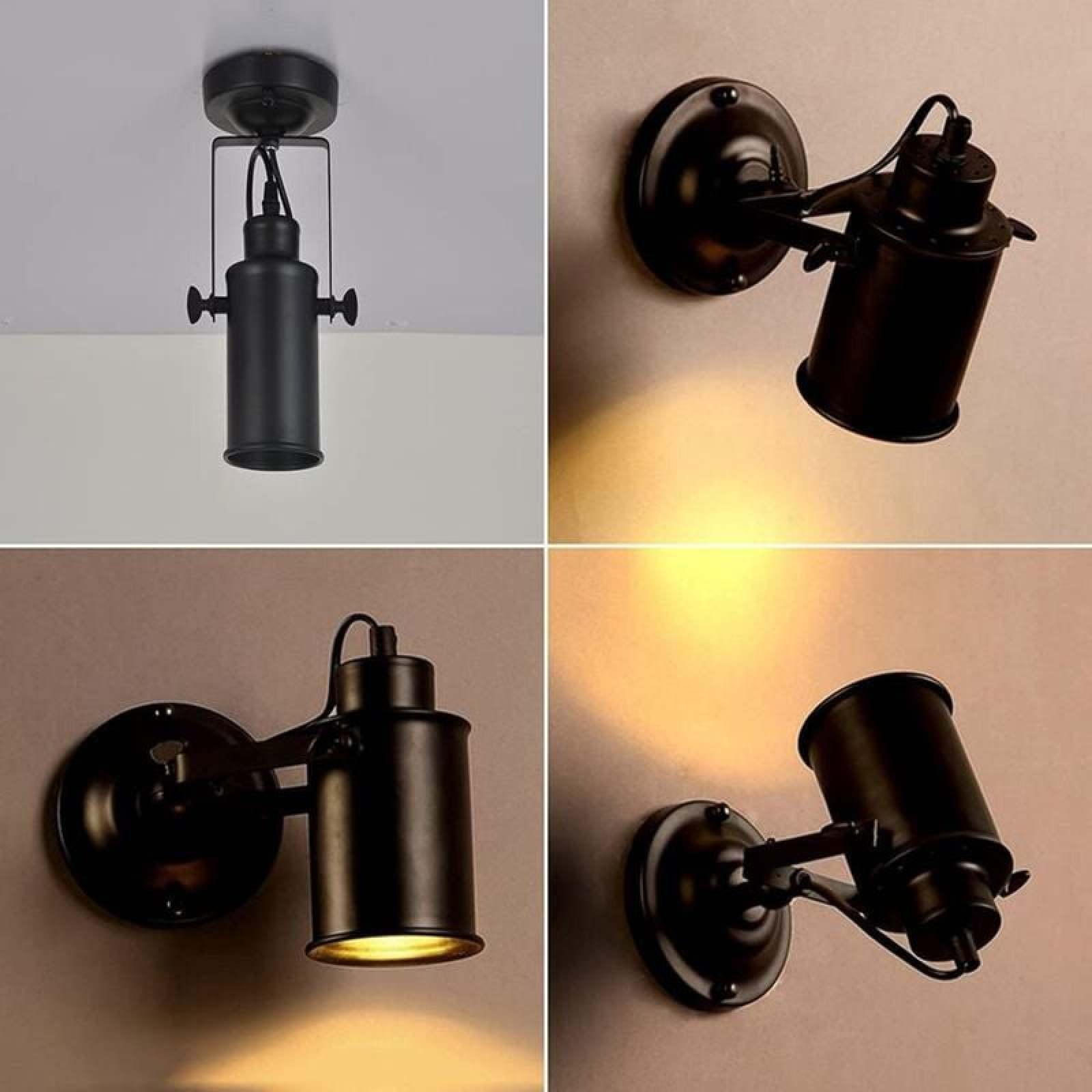 Vier Bilder zeigen eine schwarze, verstellbare Wand- und Deckenlampe im Industriestil mit warmem Licht.