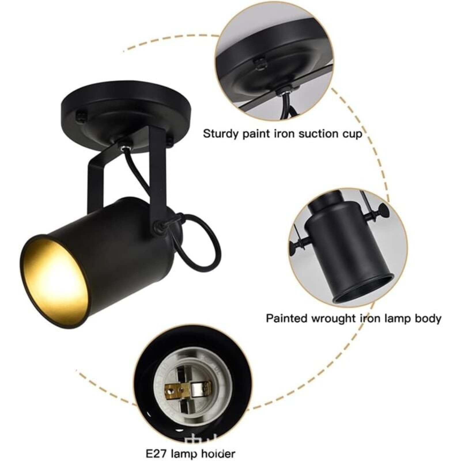 Schwarze Deckenlampe mit Details zu Eisenhalterung, Lampenkörper und E27-Fassung.