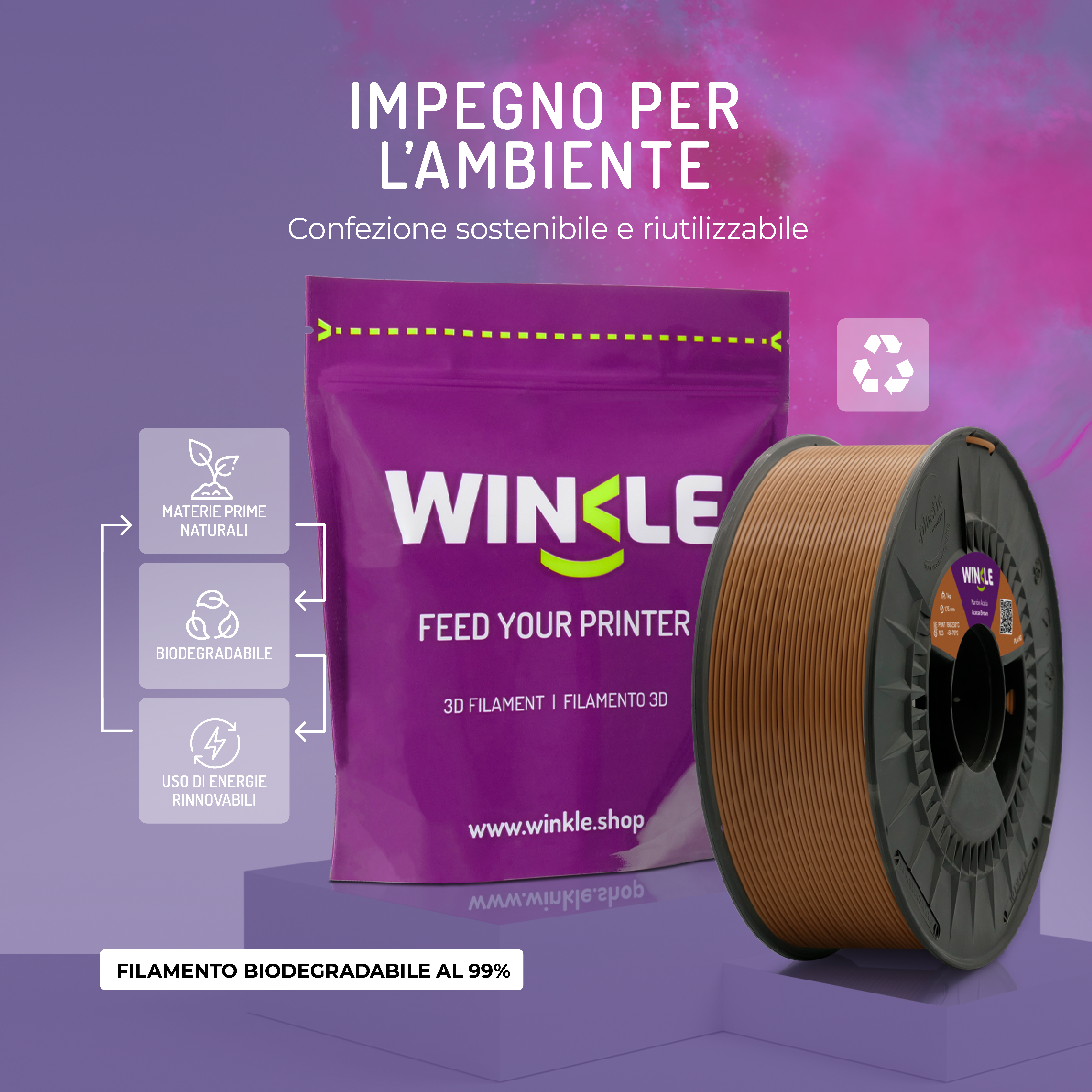 Carrete de filamento de impresión 3D marrón ecológico junto a un envase morado sobre fondo púrpura.