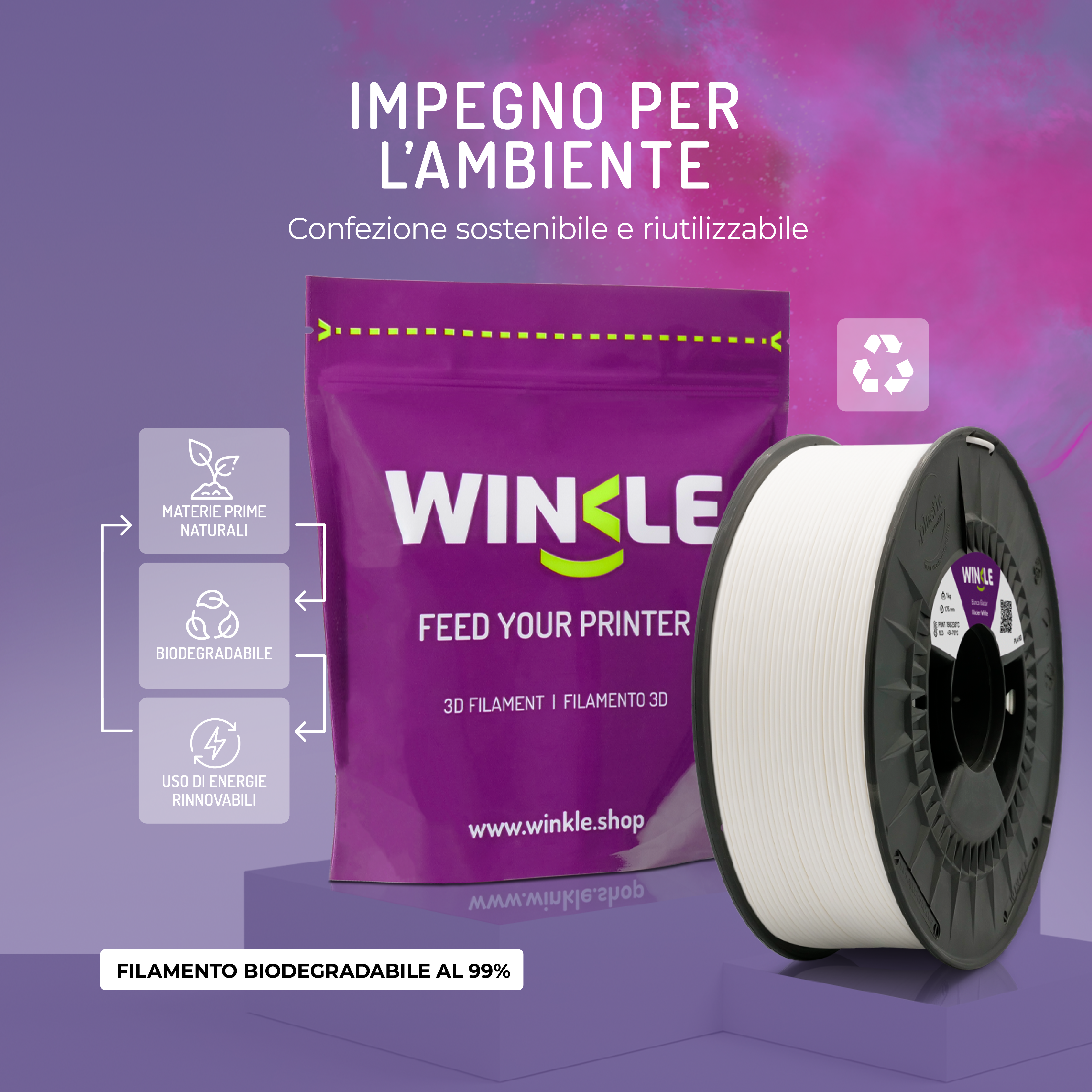 Empaque ecológico de filamento para impresora 3D Winkle morado y bobina blanca.