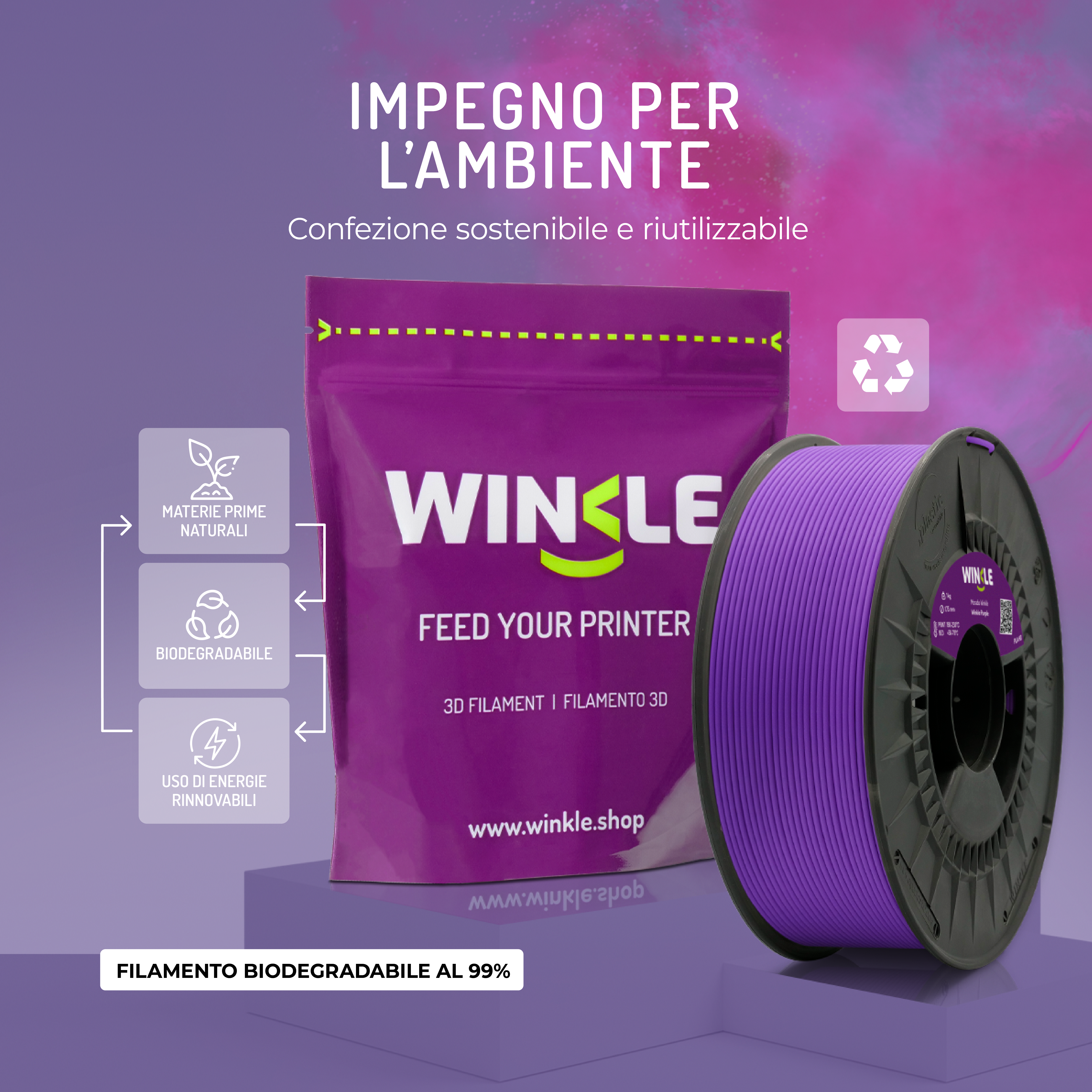 Carrete de filamento morado para impresora 3D Winkle con envase sostenible.