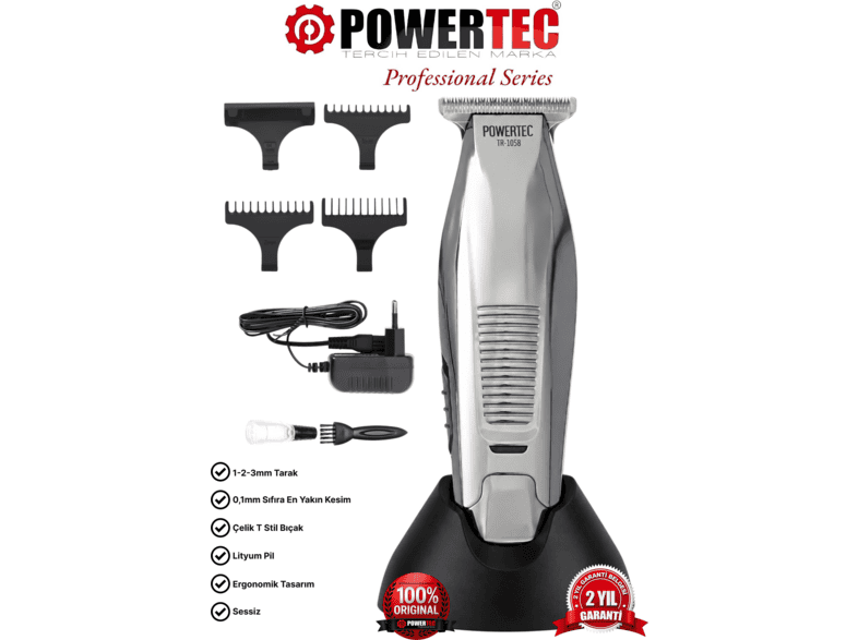 POWERTEC TR-1058 Profesyonel Sakal Ense Tıraş Makinesi Gümüş