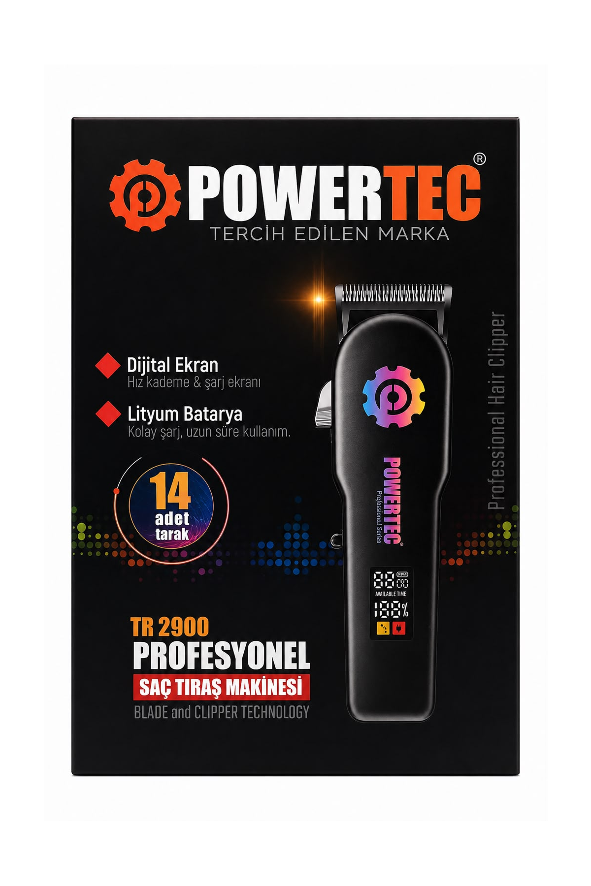Dijital simgeler ve yazılar içeren kutusunda siyah Powertec TR 2900 saç kesme makinesi.