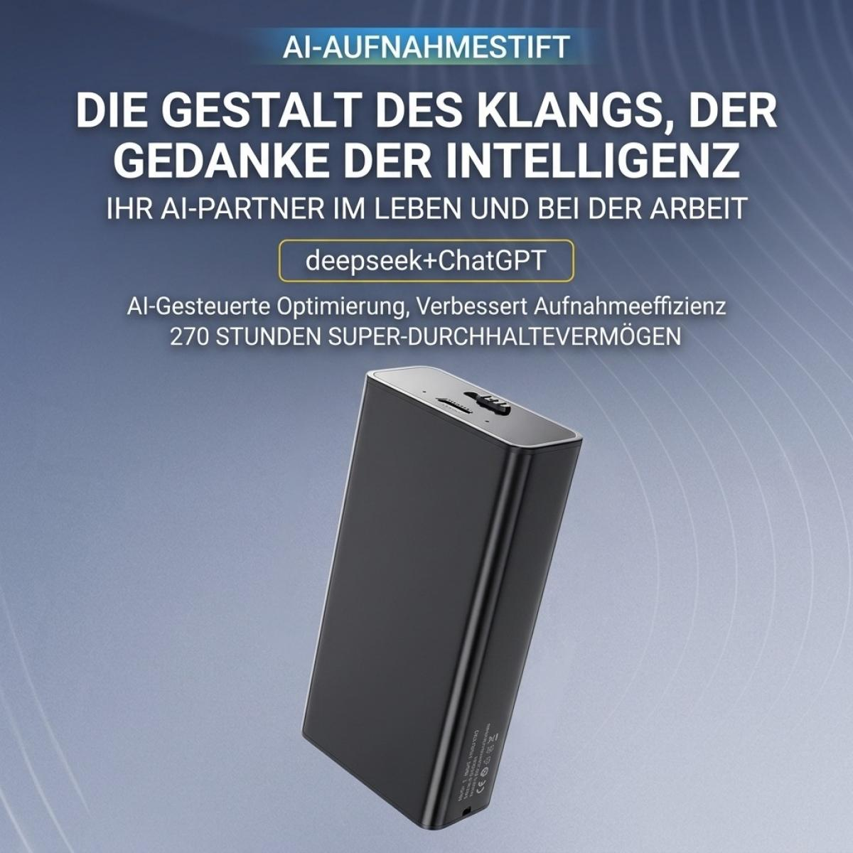 Schwarzes Aufnahmegerät vor blauem Hintergrund mit deutscher Werbetext.