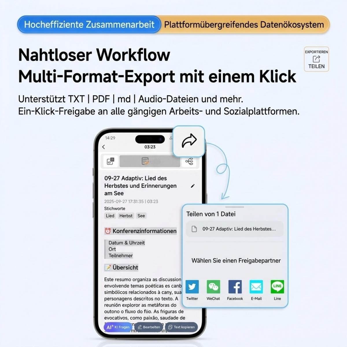 Ein Smartphone zeigt eine App-Oberfläche mit Notizen, Konferenzinfos und Sharing-Optionen für soziale Medien.
