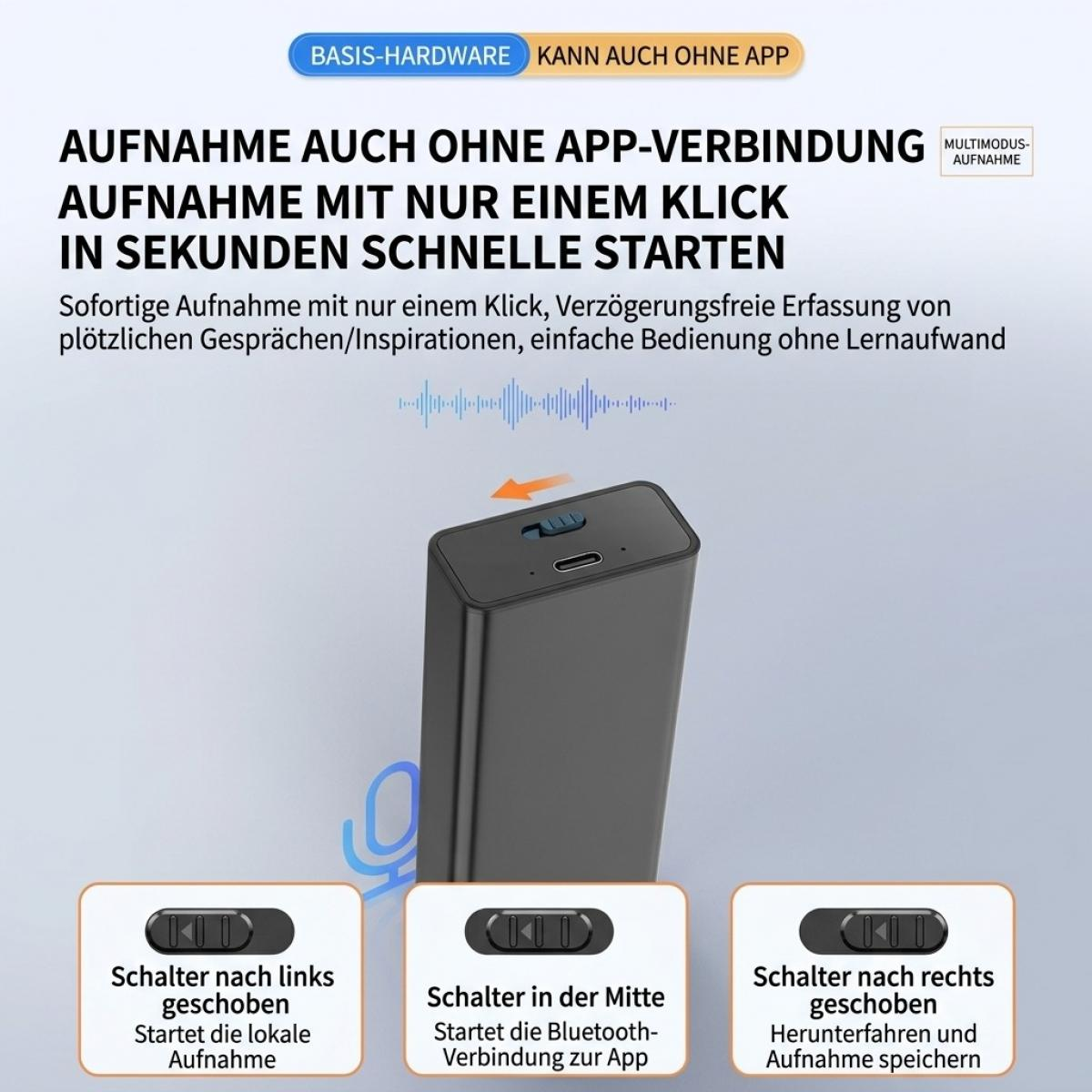 Ein schwarzes Aufnahmegerät mit Schalter und deutscher Texterklärung.