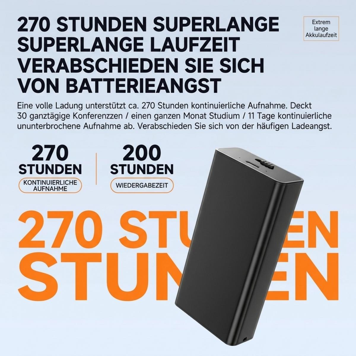 Schwarzes Aufnahmegerät mit Texten zu langer Akkulaufzeit.