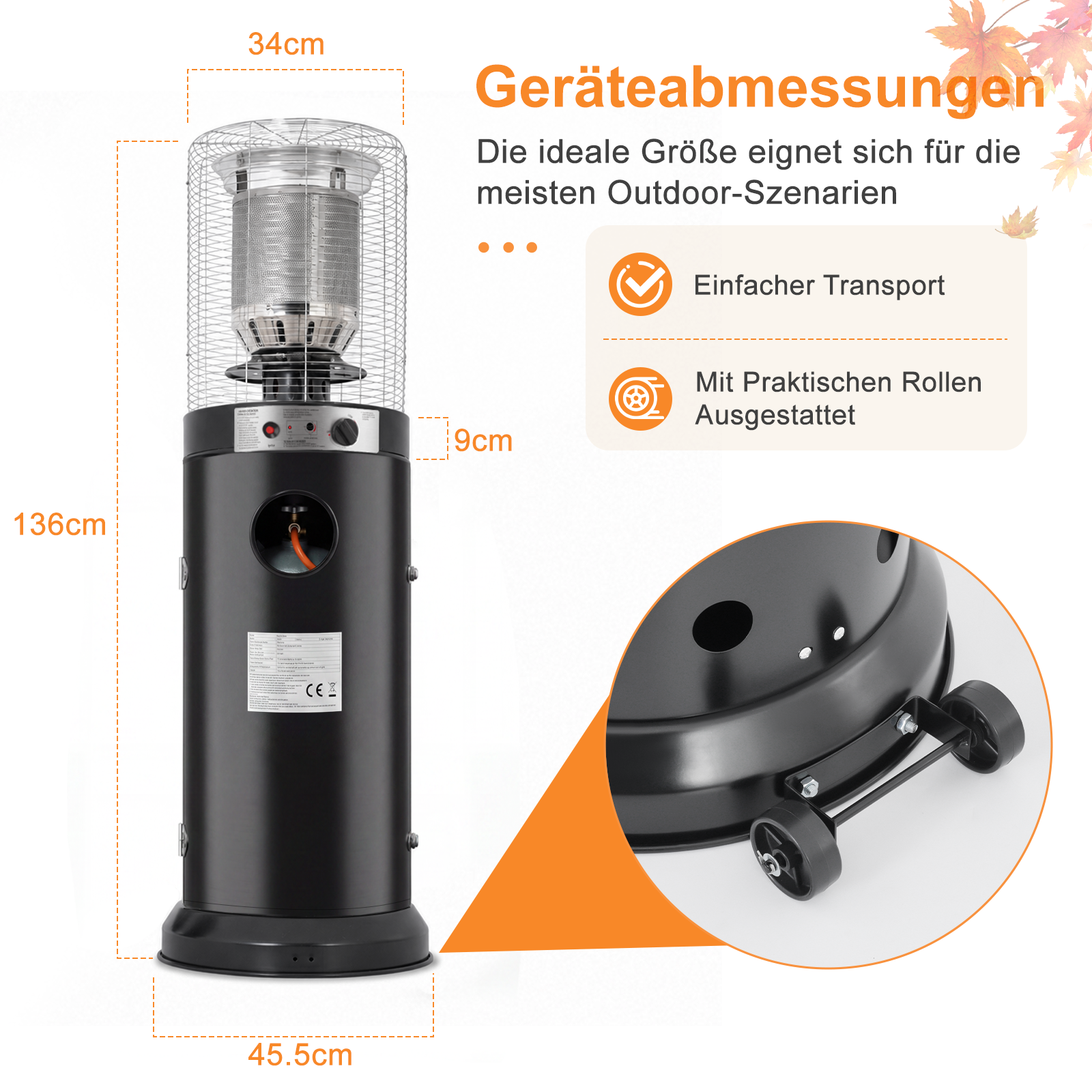 Riscaldatore da esterno nero con dimensioni, altezza 136 cm e ruote per il trasporto.