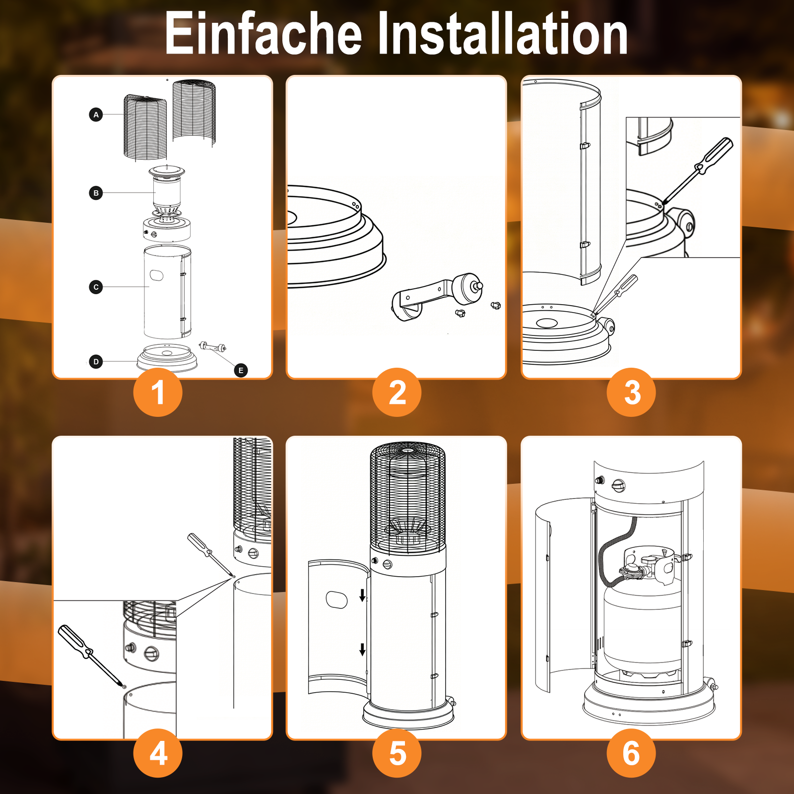 Guida all'installazione in sei fasi per un riscaldatore da esterno con viste esplose.