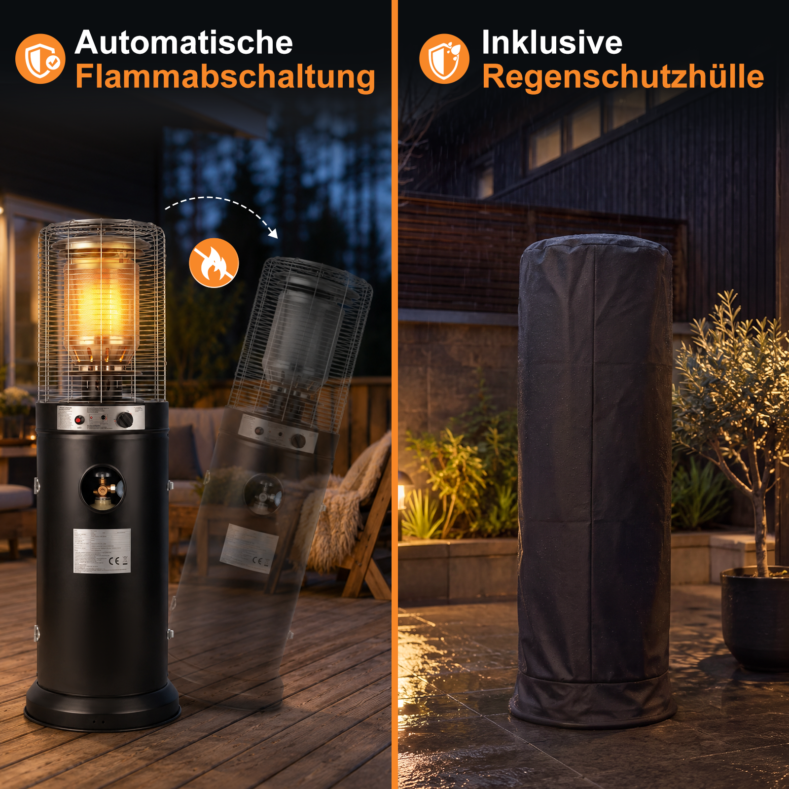 Un riscaldatore da patio nero con spegnimento automatico a sinistra e una copertura antipioggia a destra.