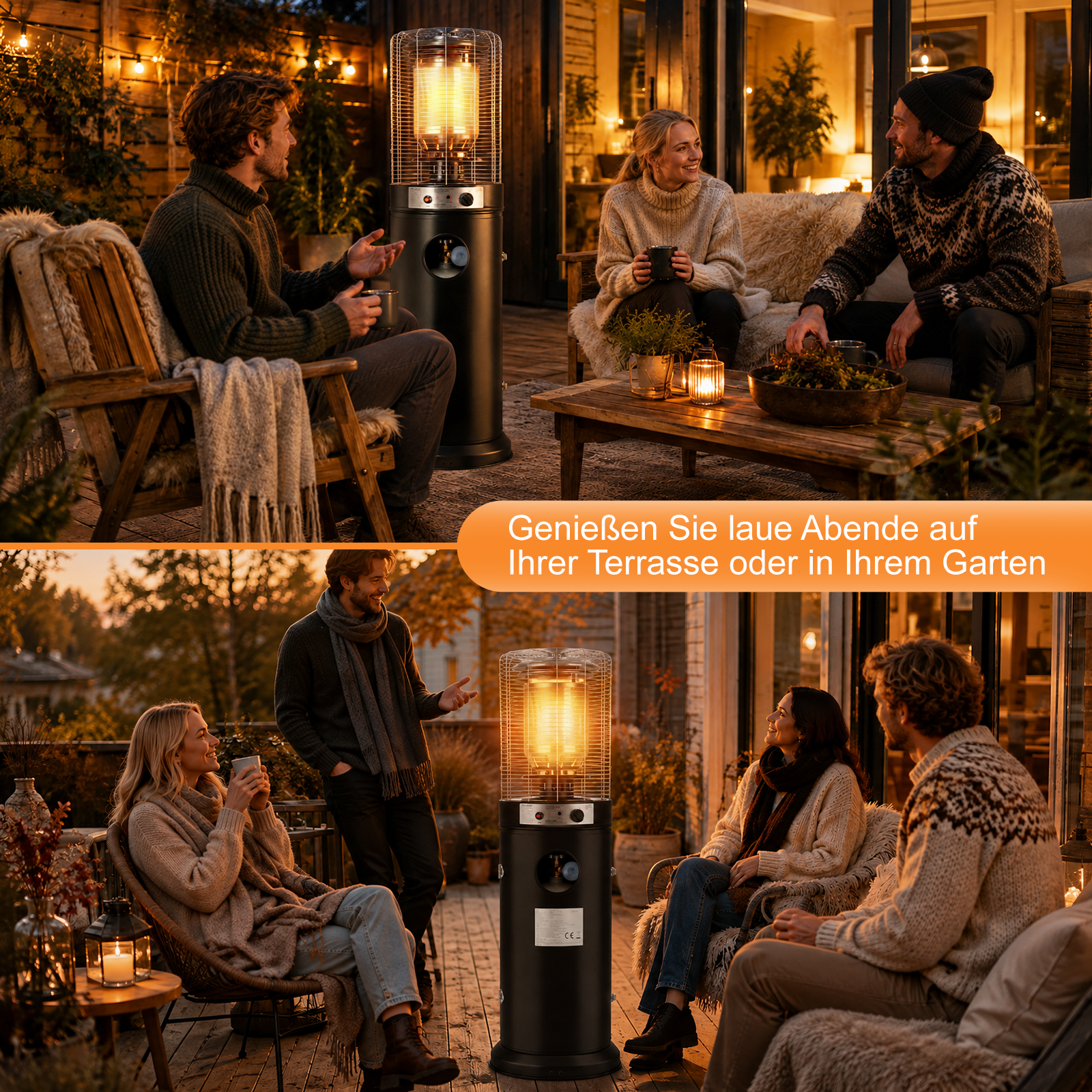 Amici che si rilassano su una terrazza in legno la sera con un calefattoio e luci calde.