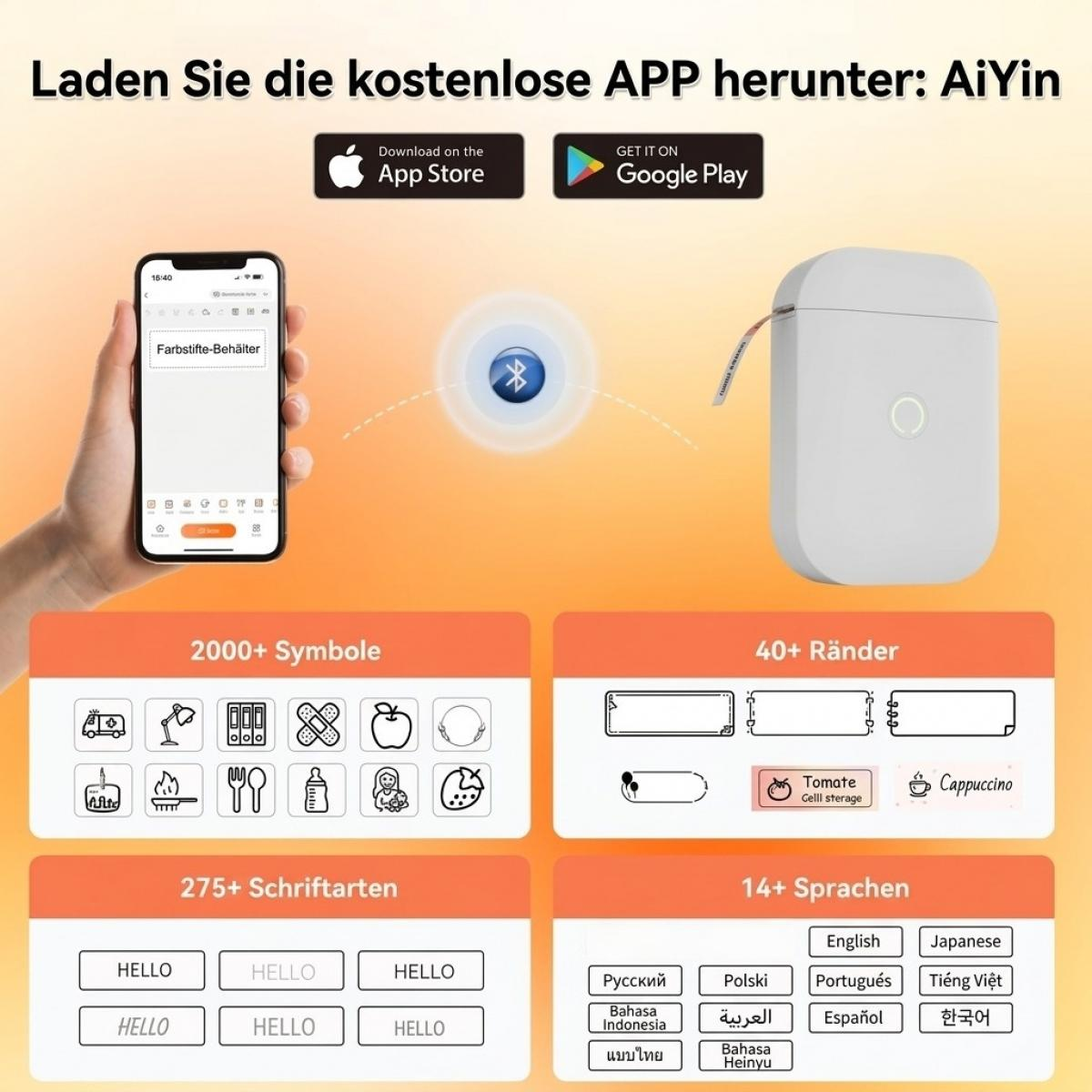 Smartphone-App verbindet sich via Bluetooth mit einem Etikettendrucker; zeigt Symbole, Schriftarten und Sprachen.