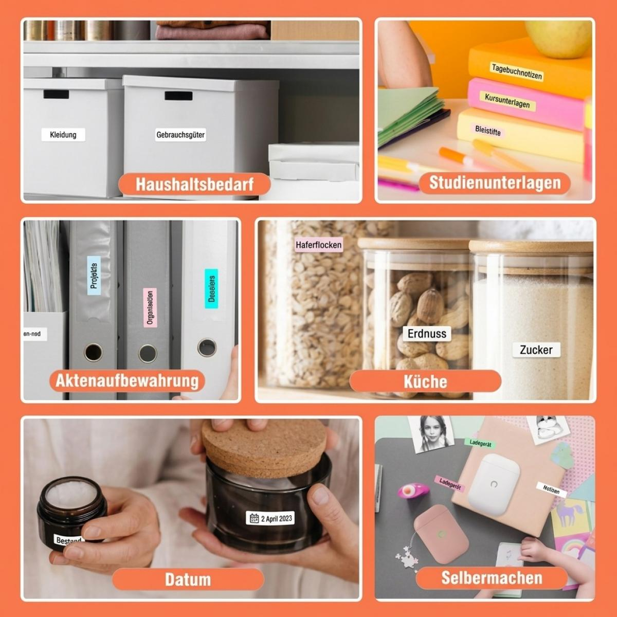 Ein Collagebild zeigt verschiedene beschriftete Aufbewahrungsboxen, Ordner, Vorratsgläser, Kosmetikdosen und Bastelsachen.