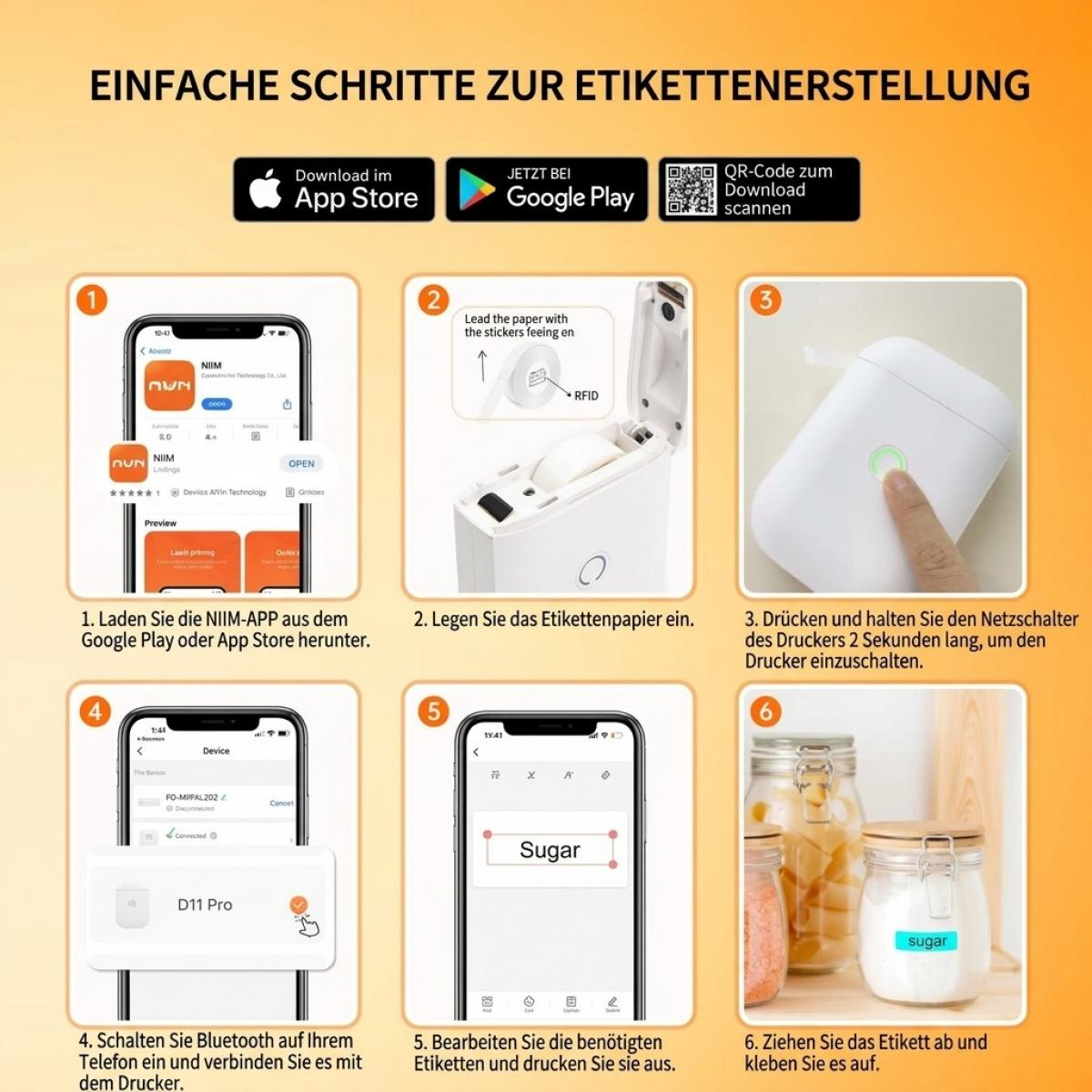 Sechs Schritte zur Etikettenerstellung mit App, Drucker und Glasbeispielen.