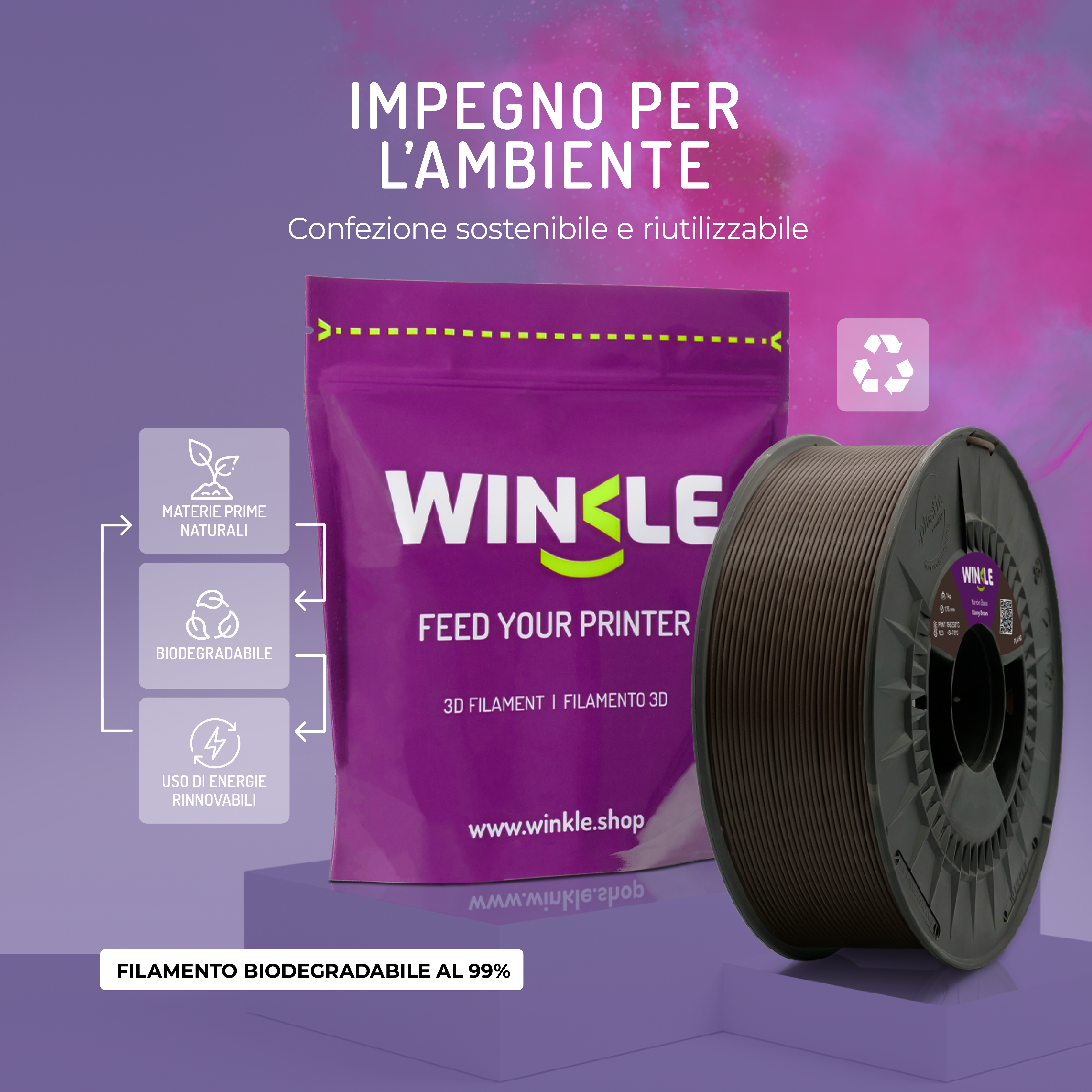 Empaque y carrete de filamento 3D Winkle morado sobre fondo morado con iconos ecológicos.