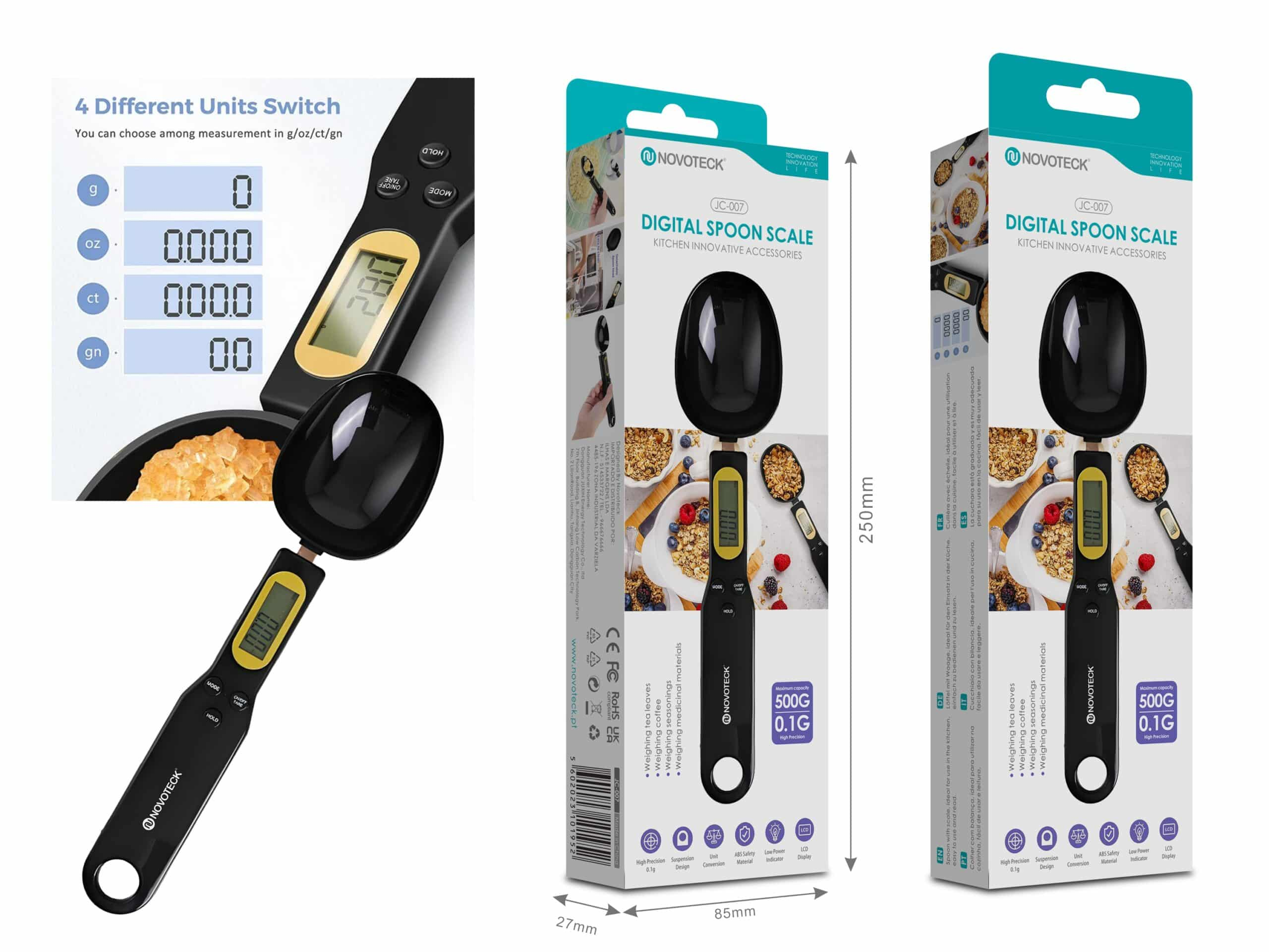 Cuchara báscula digital Novoteck con pantalla LCD y cuatro unidades de medida, mostrada con su empaque.