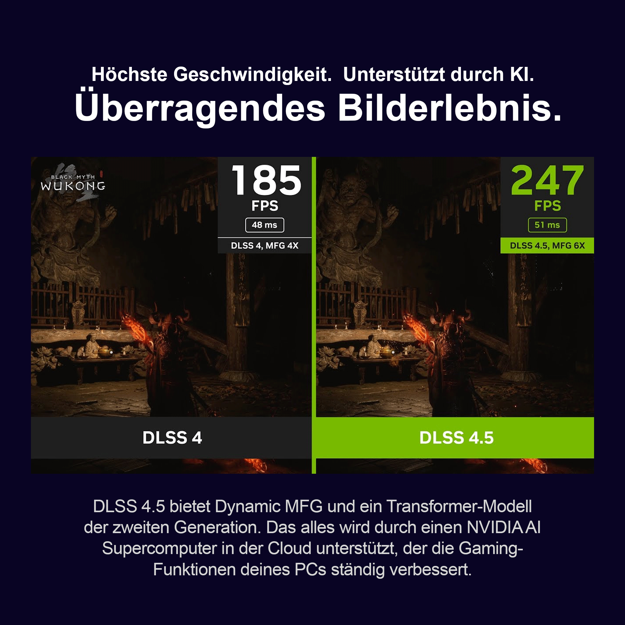 Vergleich von DLSS 4 und DLSS 4.5 mit höheren FPS und geringerer Latenz.