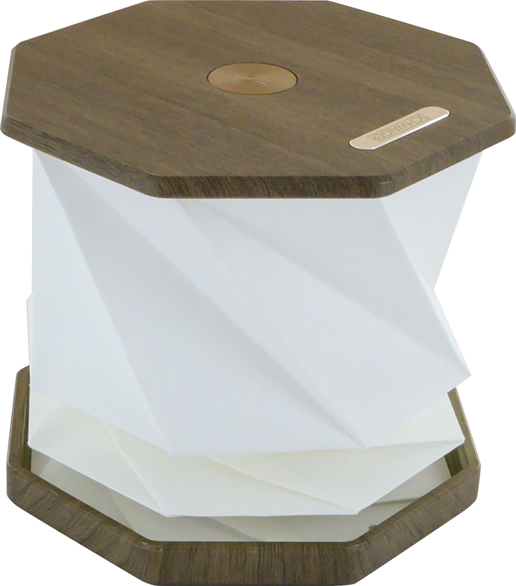 Eine moderne sechseckige Lampe mit Holzdeckel und -boden sowie einem weißen, gefalteten Papierschirm mit geometrischem Design.