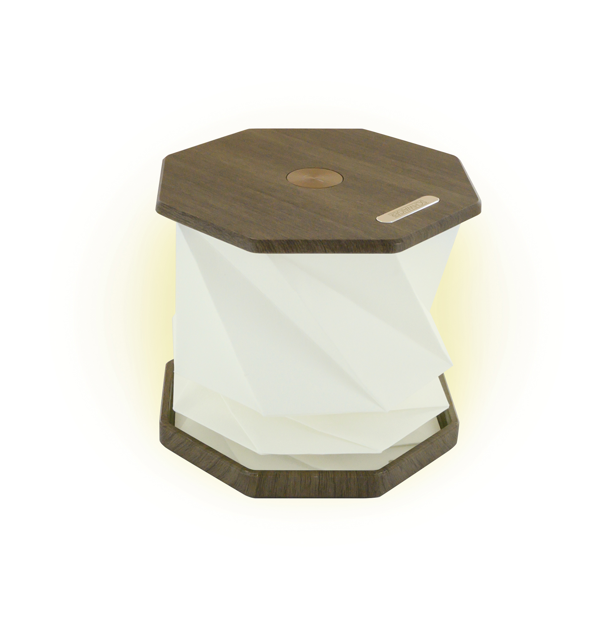 Oktogonale Lampe mit dunklem Holz oben und unten sowie weißem, gefaltetem Mittelteil.