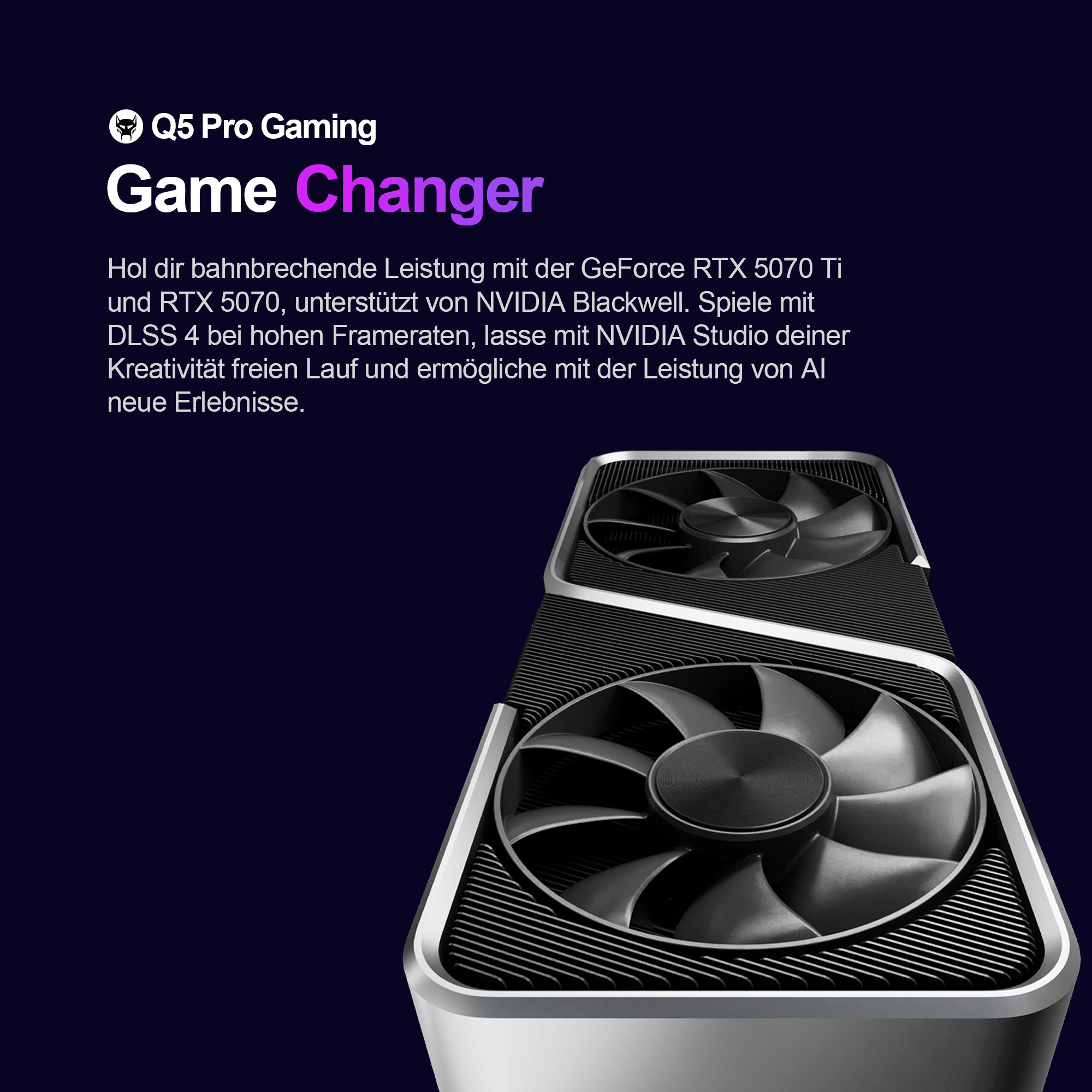 Un anuncio de Q5 Pro Gaming para la RTX 5070 Ti muestra una tarjeta gráfica con dos ventiladores.