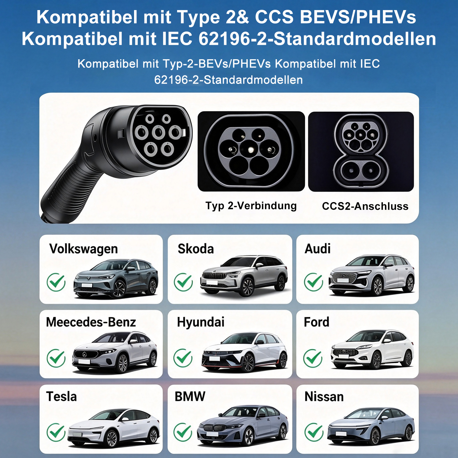 EV-Ladekabel kompatibel mit Type 2 und CCS für VW, Skoda, Audi, Mercedes, Hyundai, Ford, Tesla, BMW und Nissan.